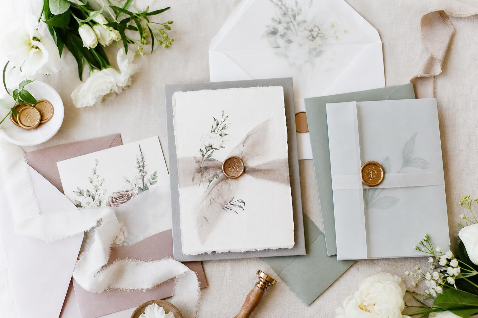 Wedding invitations ideas in soft neutral suite with vellum wrap, silk ribbon, and wax seal on textured paper