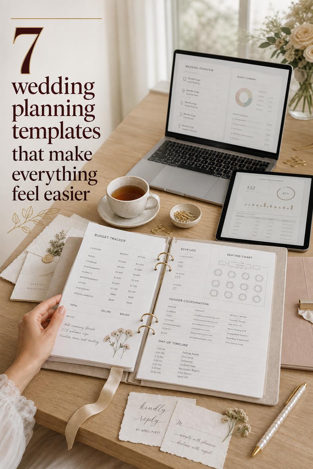 Wedding planning templates on a light oak desk with binder, laptop and elegant stationery in soft window light