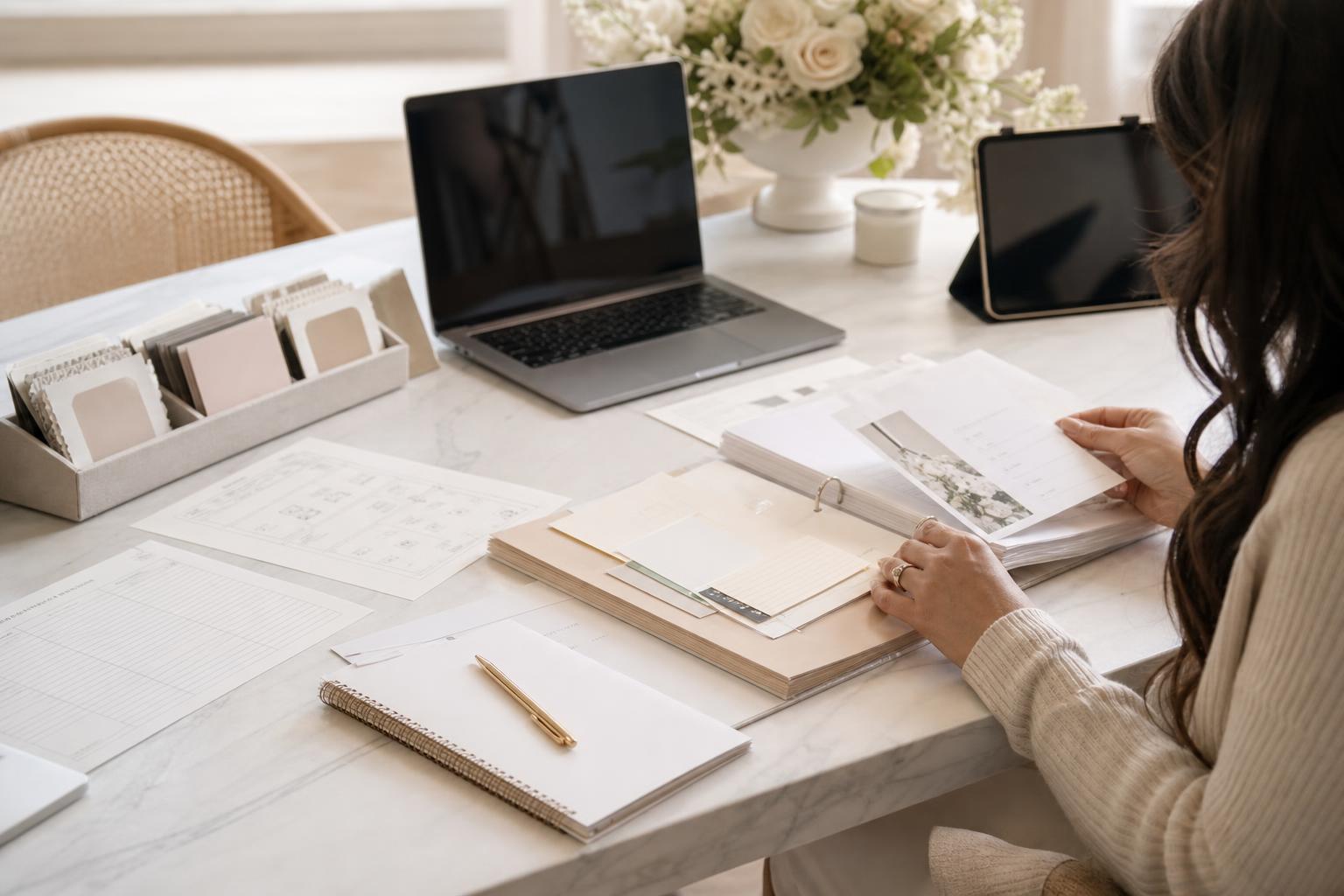 Wedding planning templates arranged in a chic bridal binder with checklist, budget sheet, and guest list on a desk
