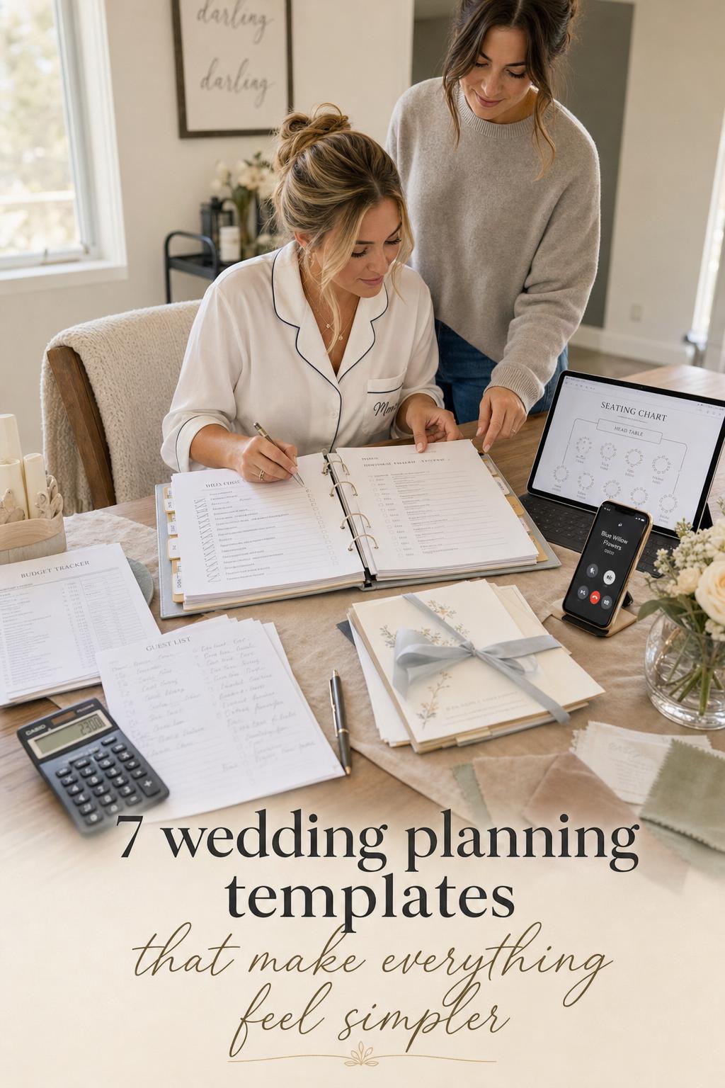 Bride using wedding planning templates at home office table with laptop seating chart, RSVP tablet, and checklist in window light
