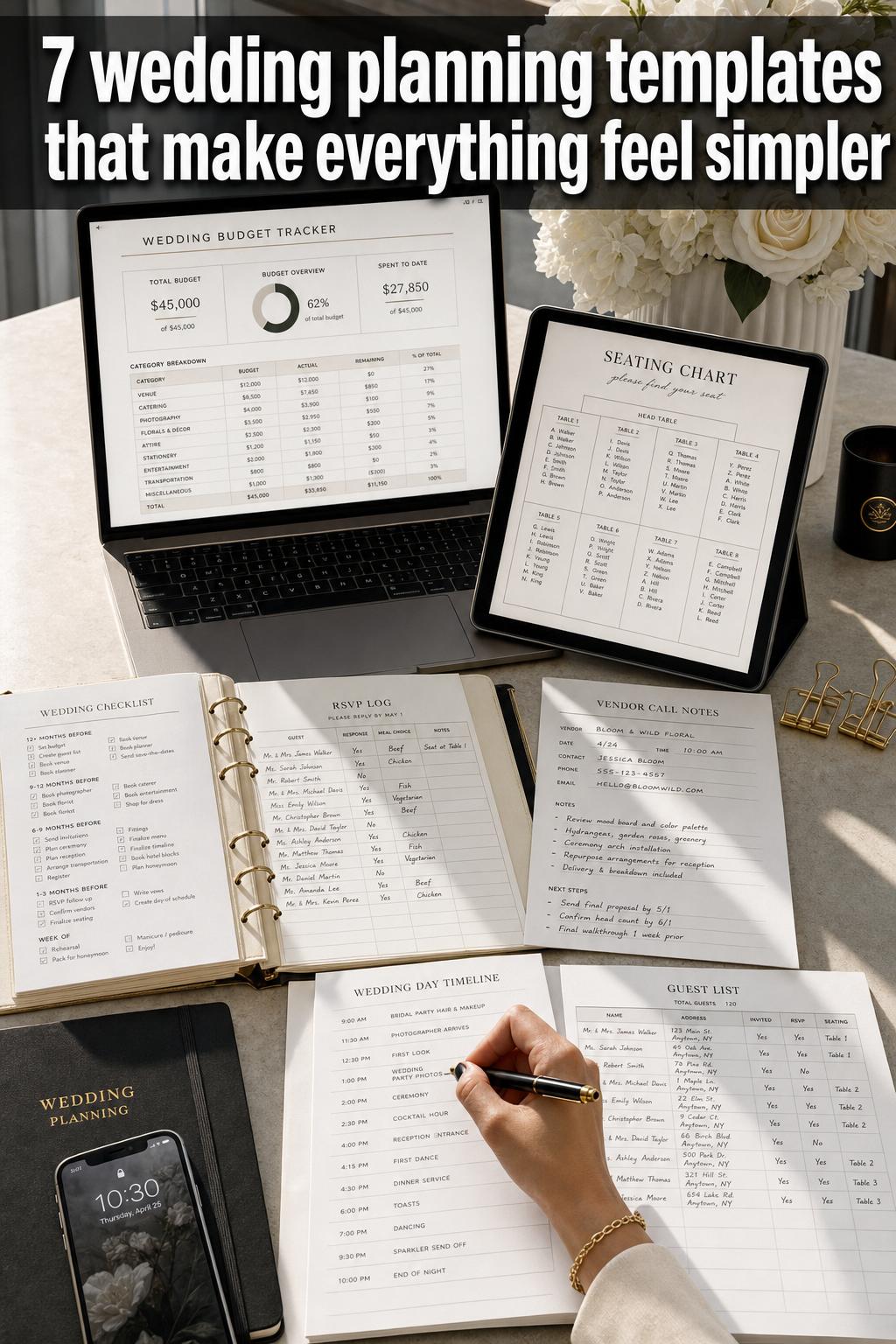 Wedding planning templates on a clipboard with checklist and calendar beside rings, flowers, and a pen on a desk