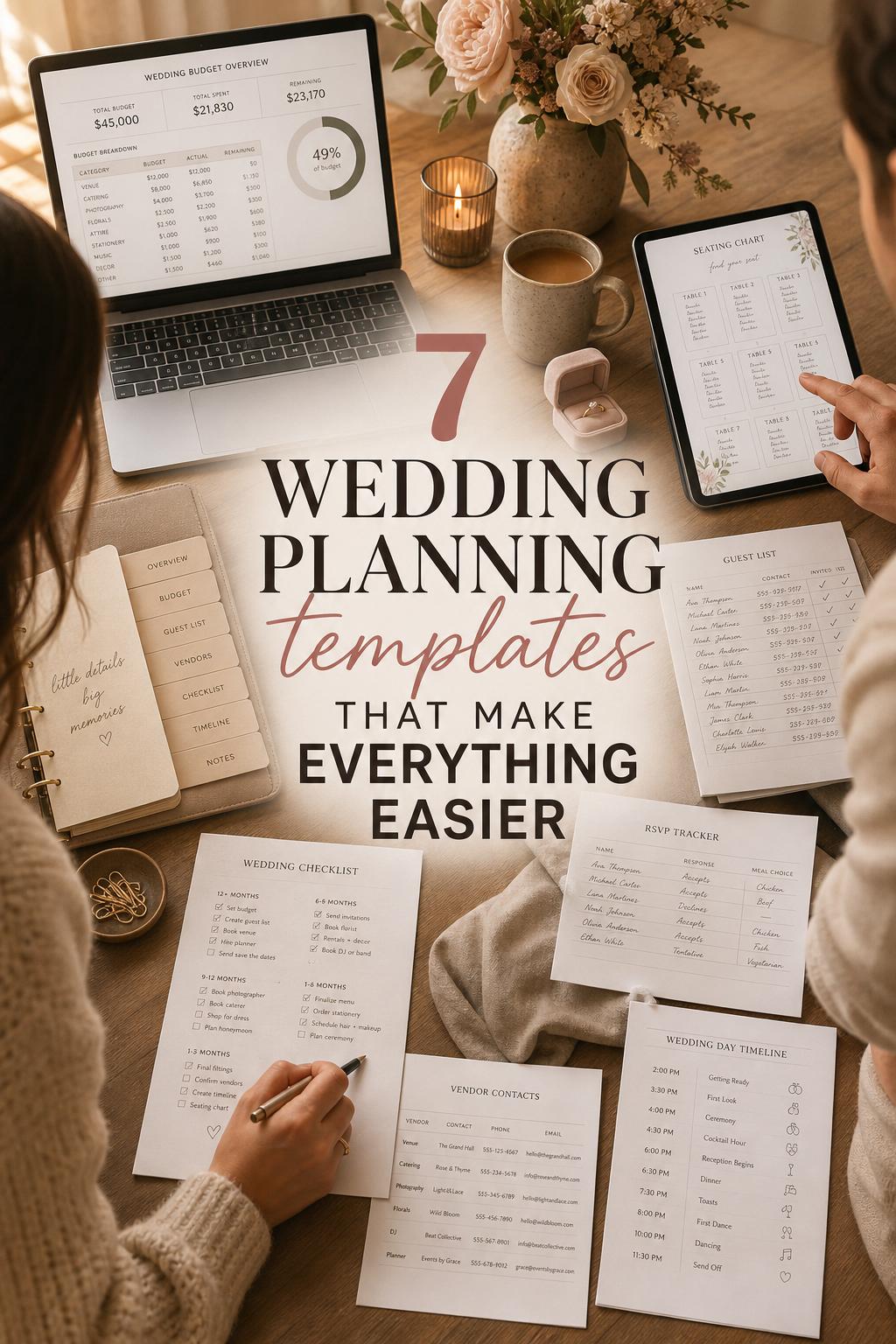 Bride and partner reviewing wedding planning templates with laptop spreadsheet, seating chart tablet, and checklists on a warm wood table