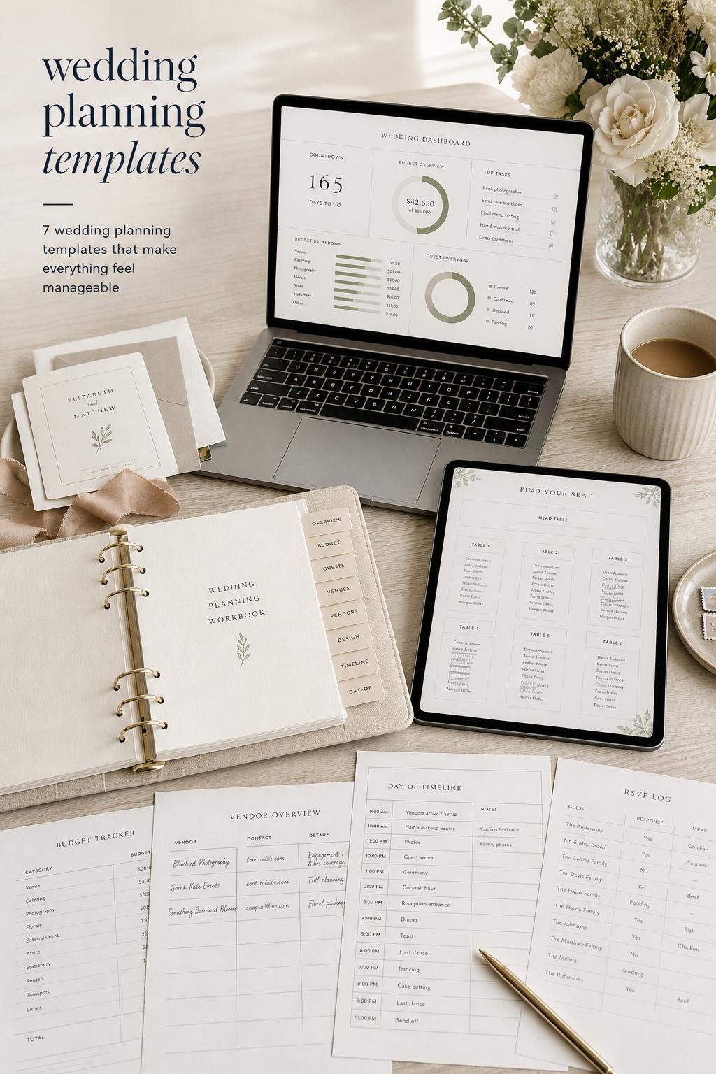 Wedding planning templates flat lay with laptop dashboard, seating chart tablet, binder tabs, checklists, and timeline on neutral desk