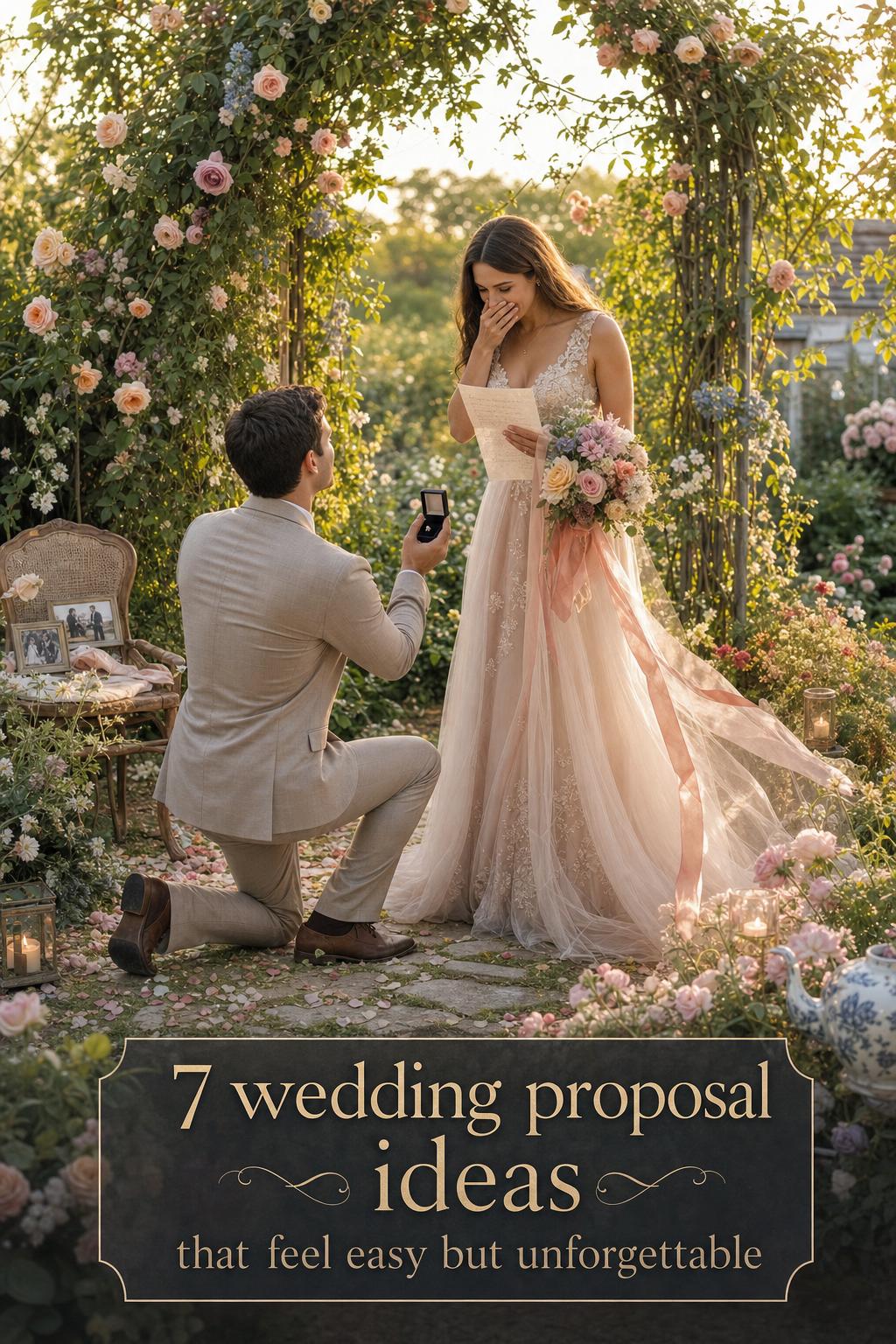 Dreamy garden proposal at golden hour under a floral arch with handwritten note and bouquet, wedding proposal ideas inspiration