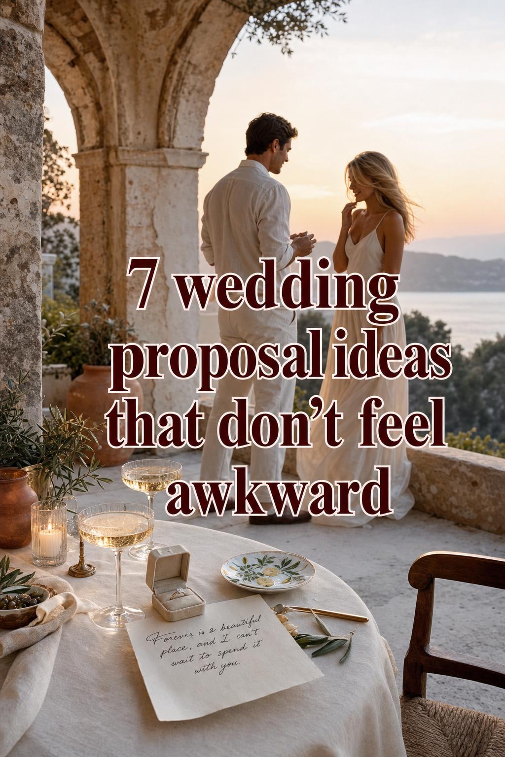 Wedding proposal ideas on a Mediterranean villa terrace: ring box, handwritten note and champagne at sunset with sea view.