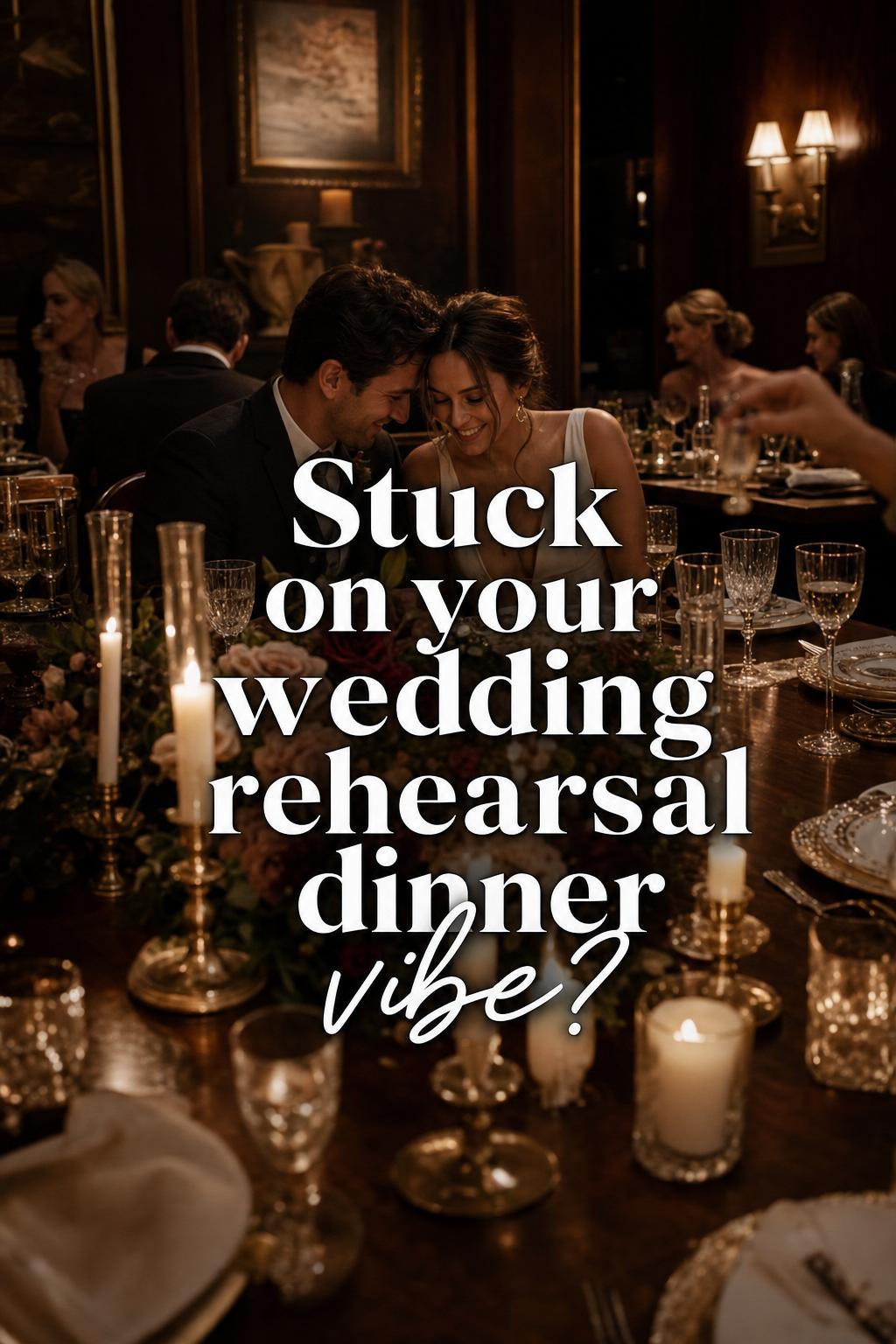 Wedding rehearsal dinner candlelit private dining room with elegant table, modern couple, and warm cinematic atmosphere