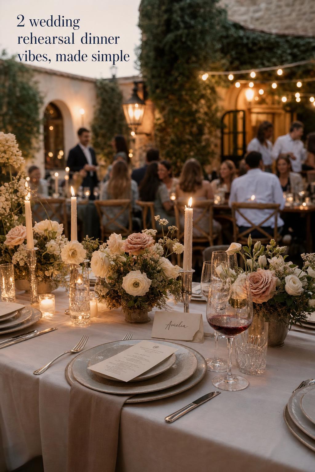 Wedding rehearsal dinner table with candlelit place setting in focus and relaxed welcome-night seating with string lights behind