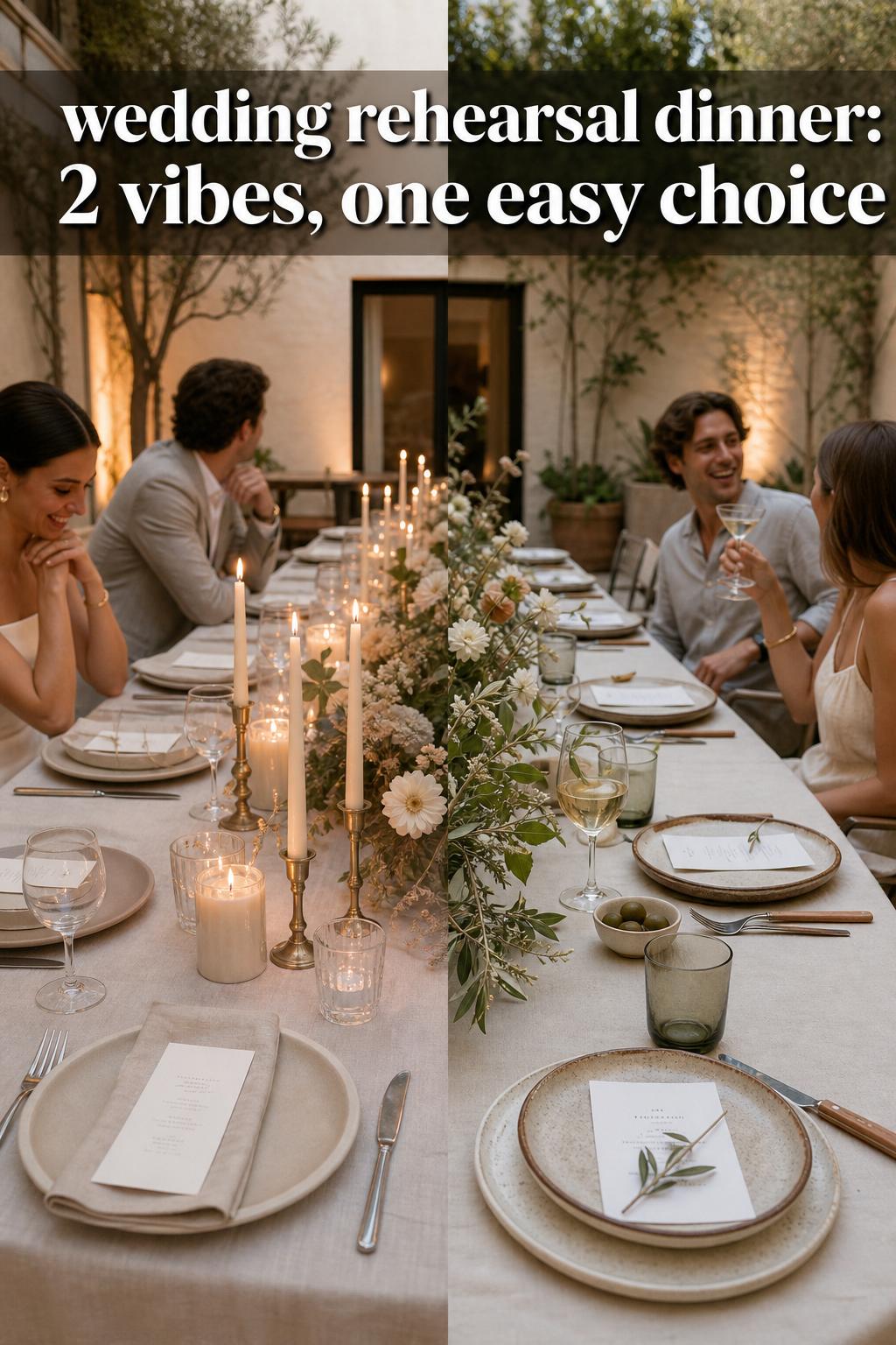 Wedding rehearsal dinner table set with candles, floral centerpieces, and elegant place settings in a warm reception room