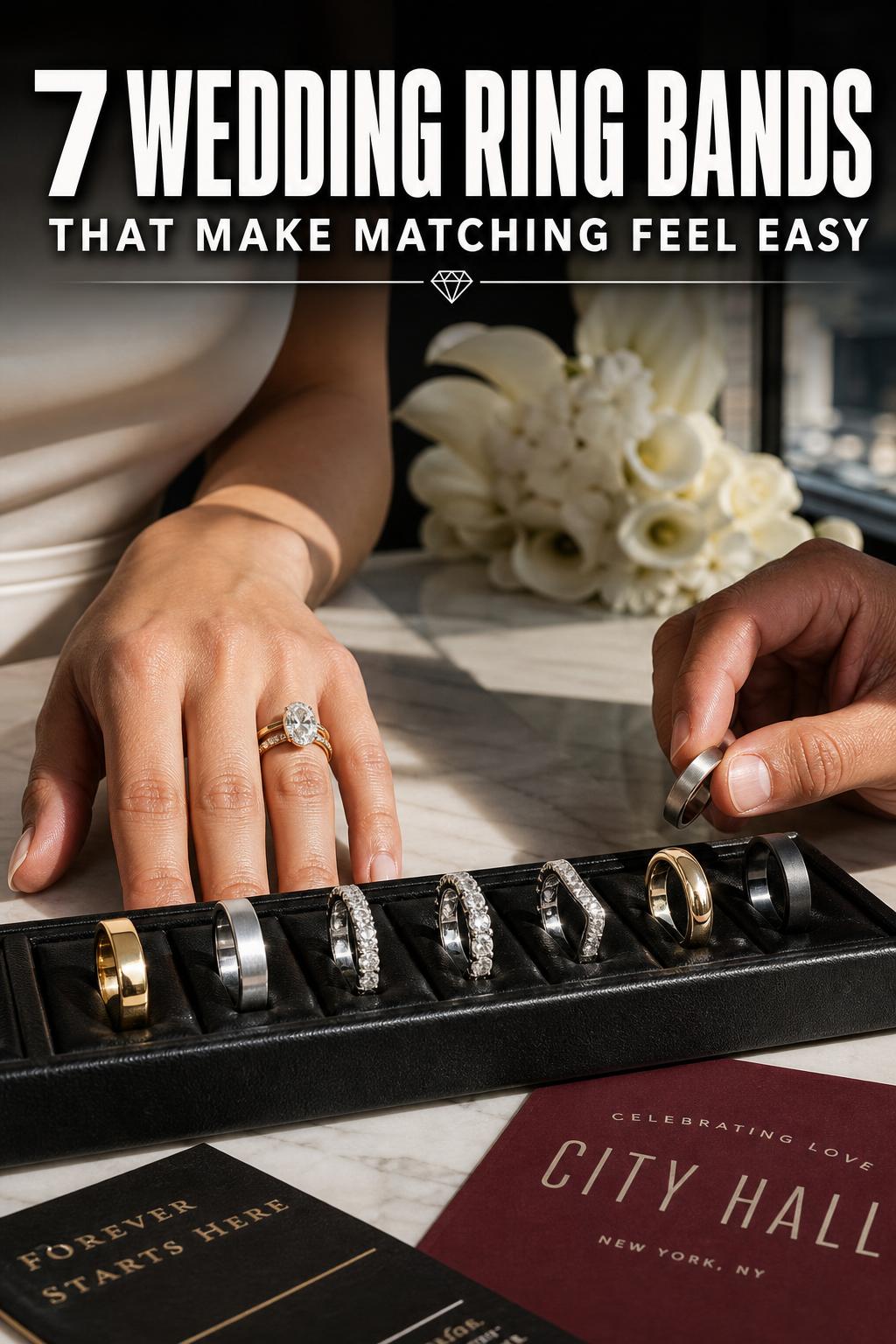 Close-up photo of wedding ring bands in soft natural light, showcasing elegant metal finishes and detail