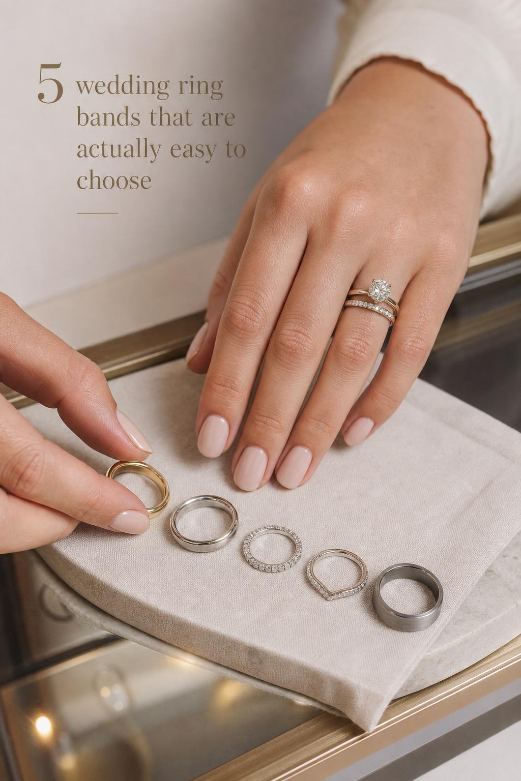 Wedding ring bands comparison on a boutique counter, hands stacking gold, platinum and diamond bands with a solitaire engagement ring