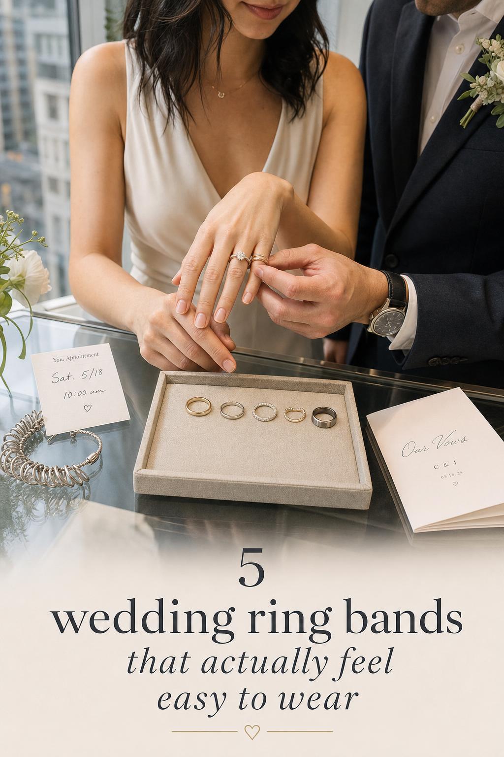 Wedding ring bands close-up as bride and groom compare rings by a window at a boutique hotel jewelry counter