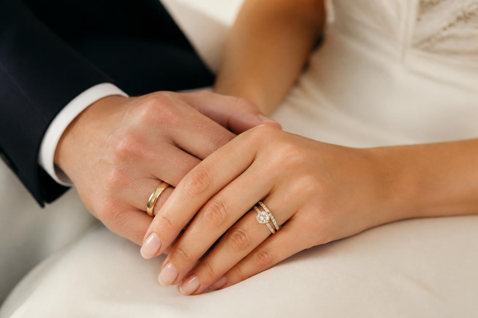 Wedding ring bands in gold and platinum styled beside an engagement ring for a romantic, everyday bridal look