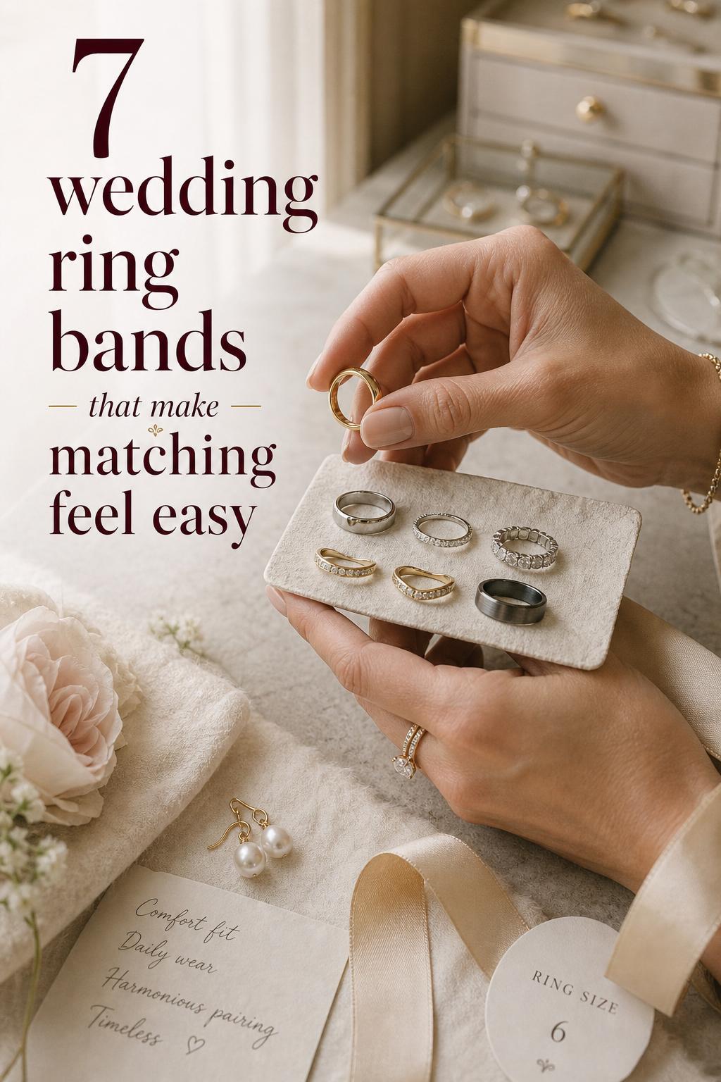 Wedding ring bands buying guide photo with hands comparing gold, platinum, pavé and eternity bands by a window
