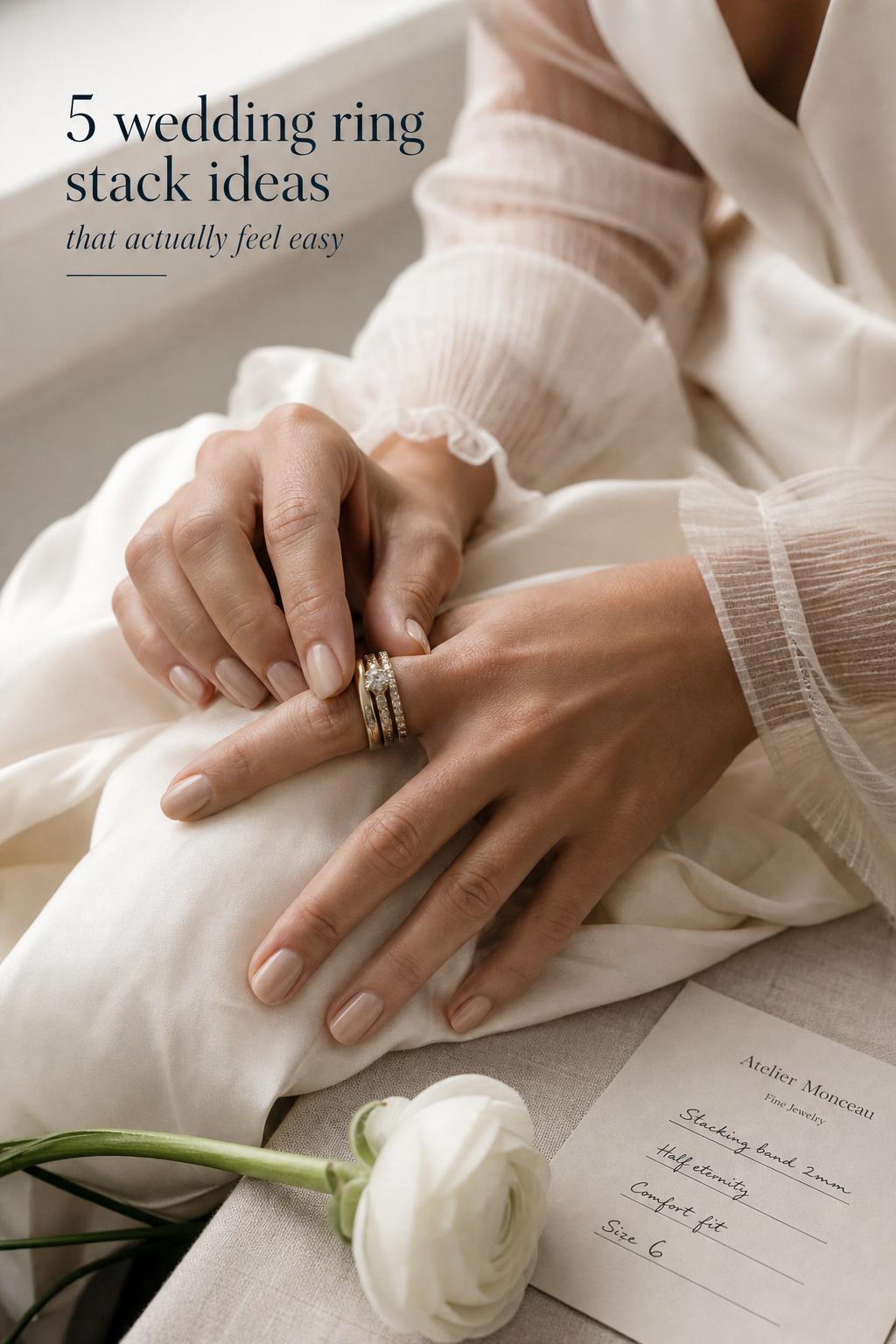 Bride adjusting a wedding ring stack on ivory silk gown by window, with tulle cuff and jeweler note in soft light