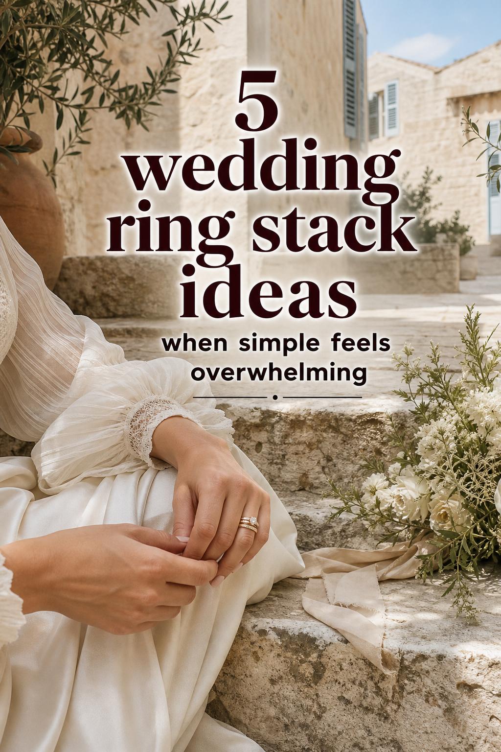 Bride adjusting wedding ring stack on stone steps in Mediterranean courtyard, ivory silk gown and neutral bouquet in soft light