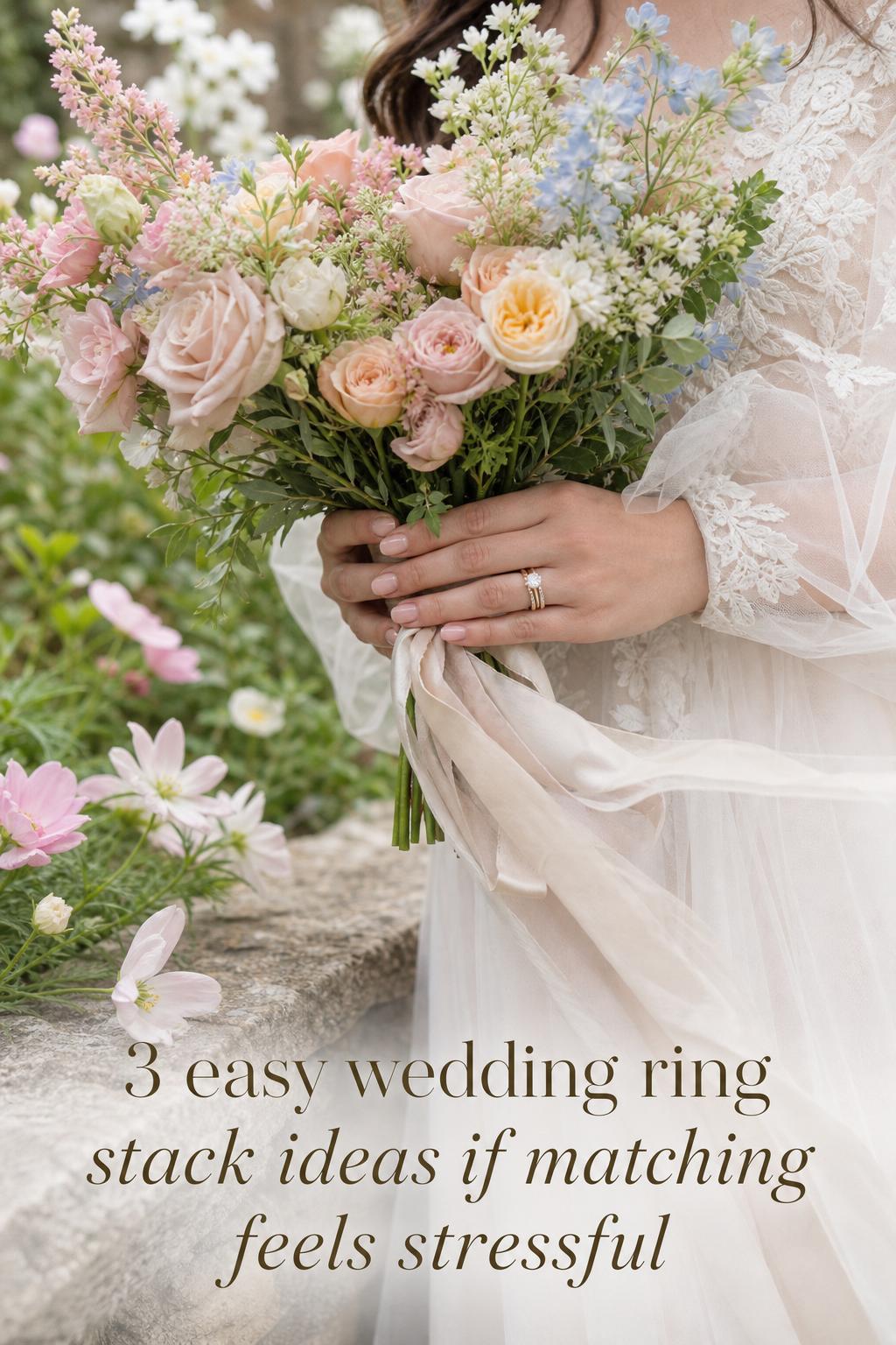 Wedding ring stack close-up on bride hands holding garden bouquet in soft spring light, romantic outdoor ceremony detail