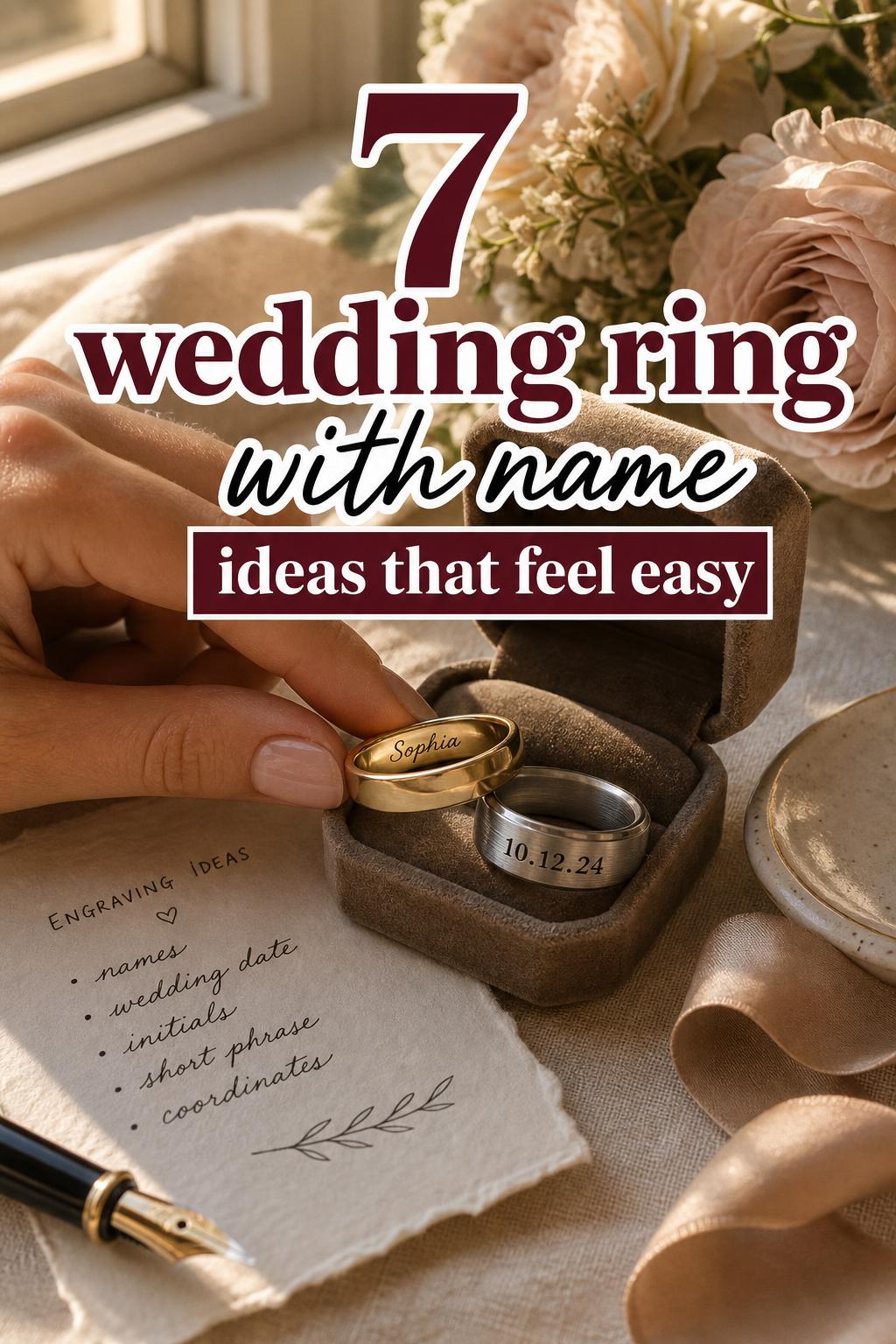 Wedding ring with name in velvet ring box, engraved gold and tungsten bands on linen table in warm sunlight
