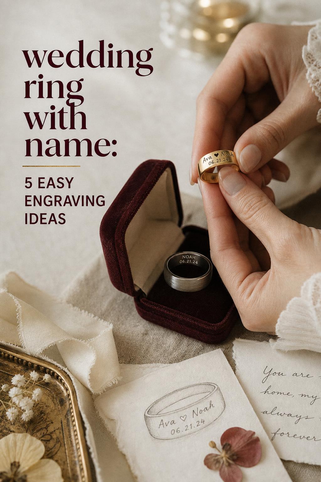 Wedding ring with name engraved in luxury velvet box, bridal planning flatlay with hands holding ring in soft window light
