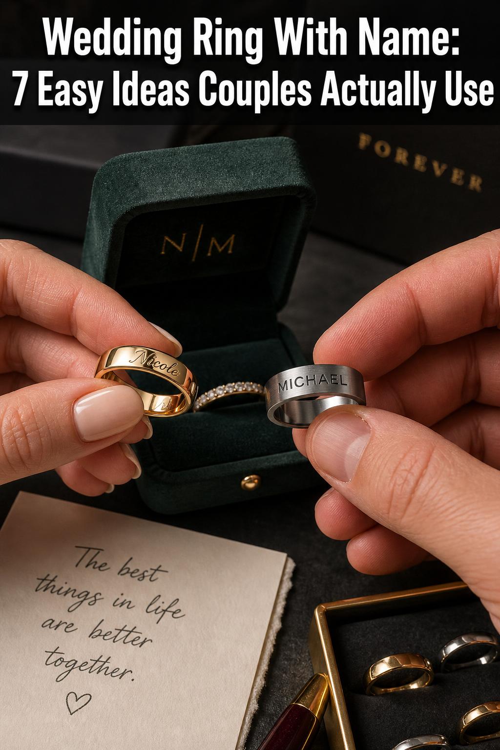 Close-up of a wedding ring with name engraving on a polished gold band, resting on a soft white fabric background