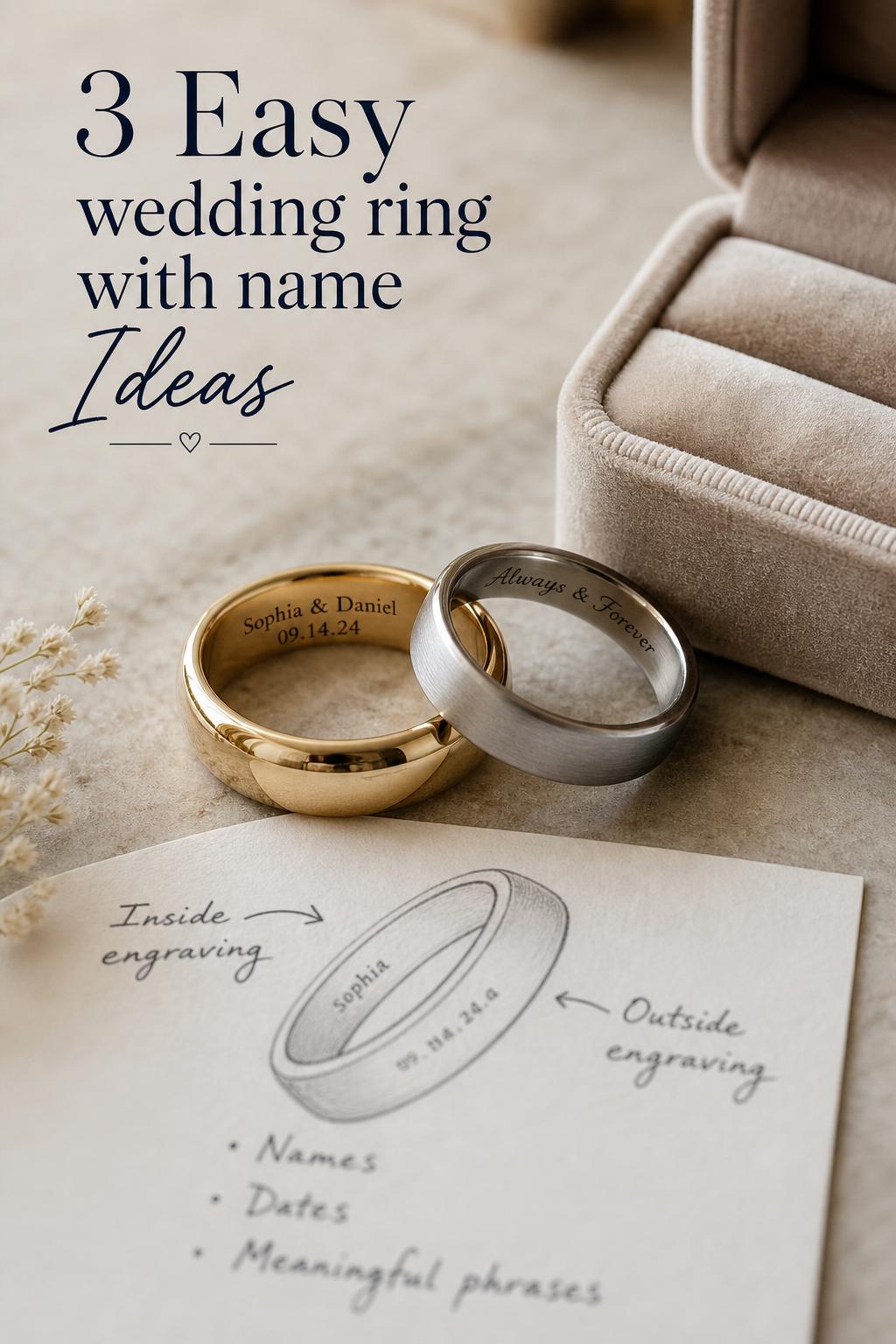 Wedding ring with name engraving on gold and platinum bands beside velvet box on marble, with note card in soft focus