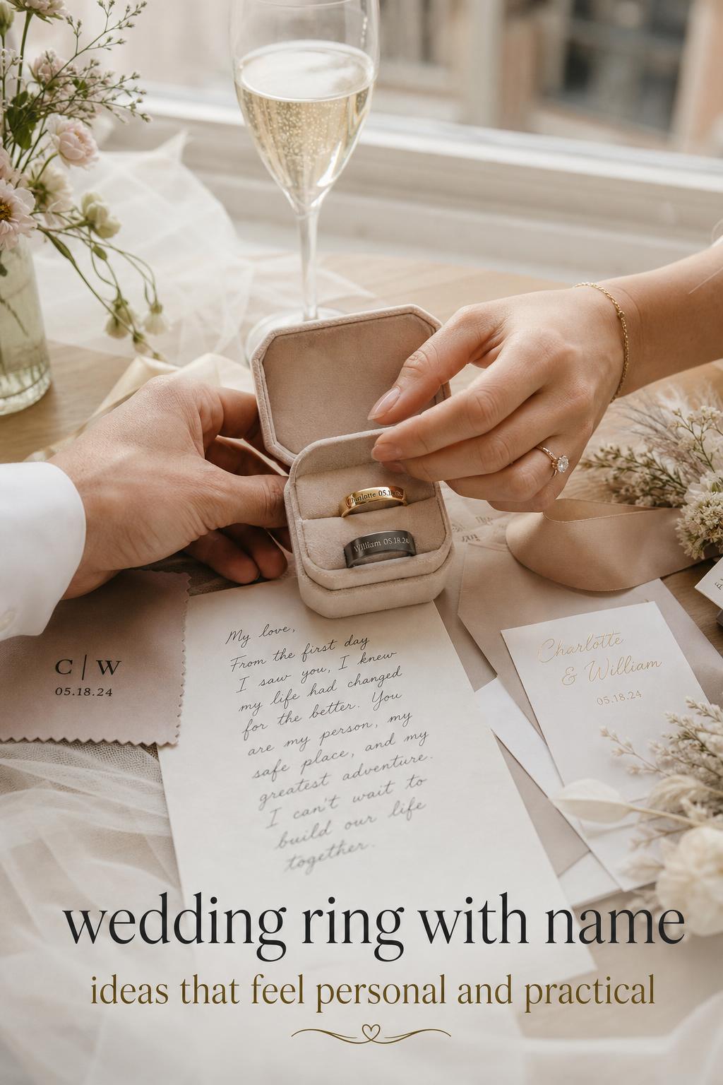 Wedding ring with name engraving on gold and tungsten bands in a bridal suite, hands over velvet ring box by window