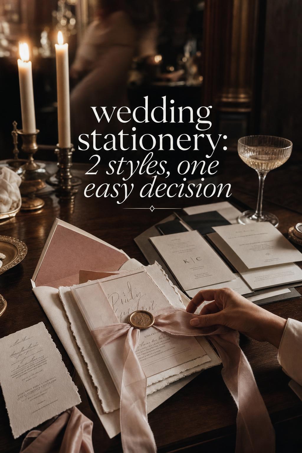 Wedding stationery comparison in candlelit luxury bridal suite with romantic vellum suite and minimalist set behind