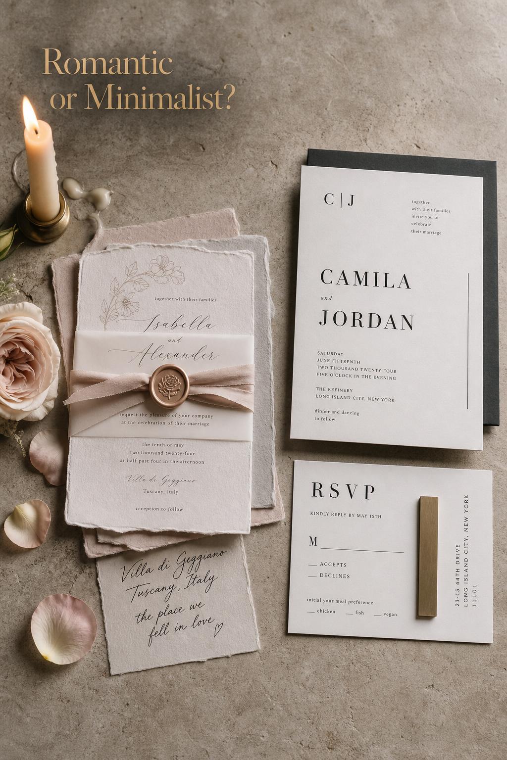 Wedding stationery side-by-side on stone tabletop, romantic deckled suite and minimalist modern suite in soft window light