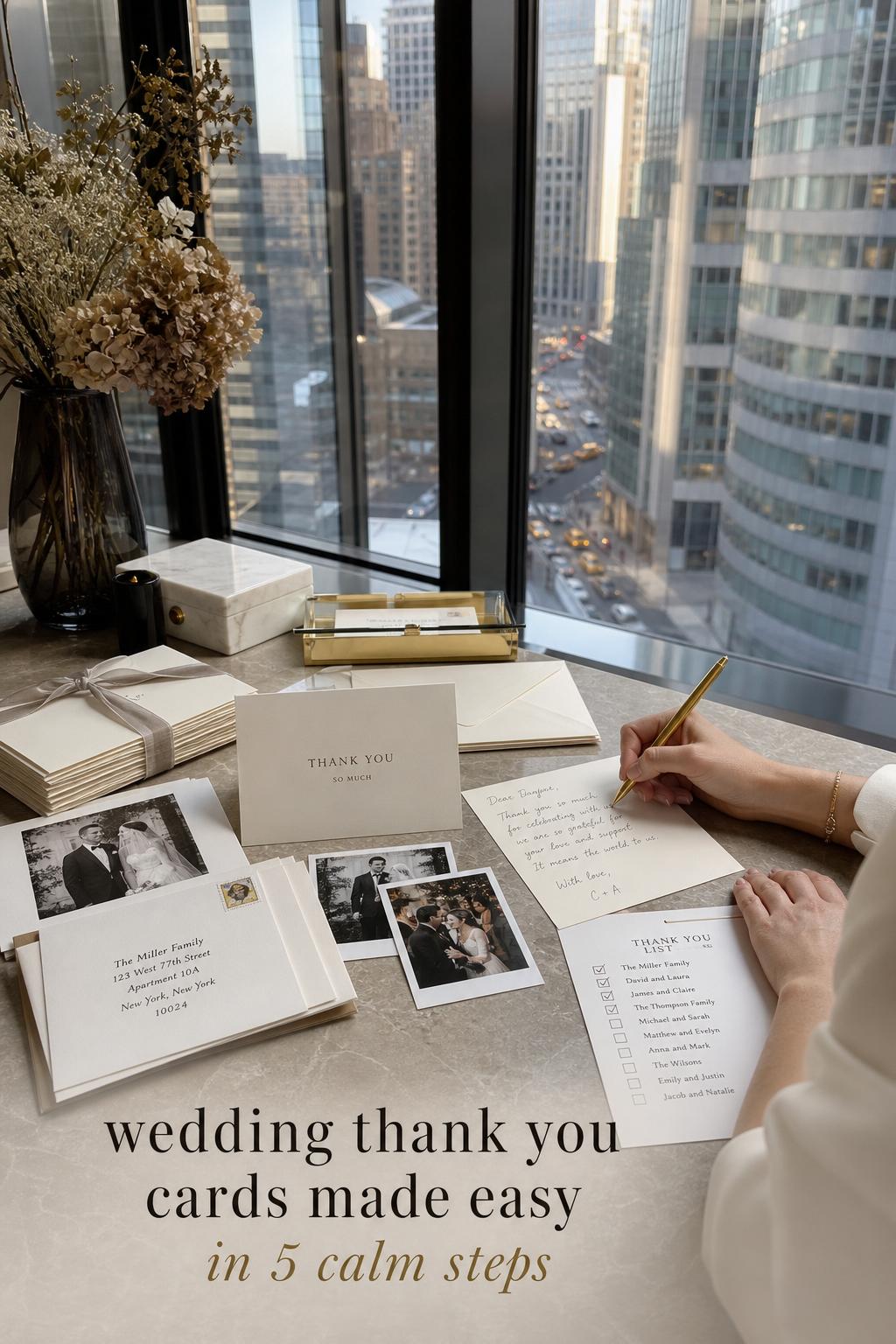 Wedding thank you cards on a modern hotel suite desk with envelopes, gold pen, and city skyline through tall windows
