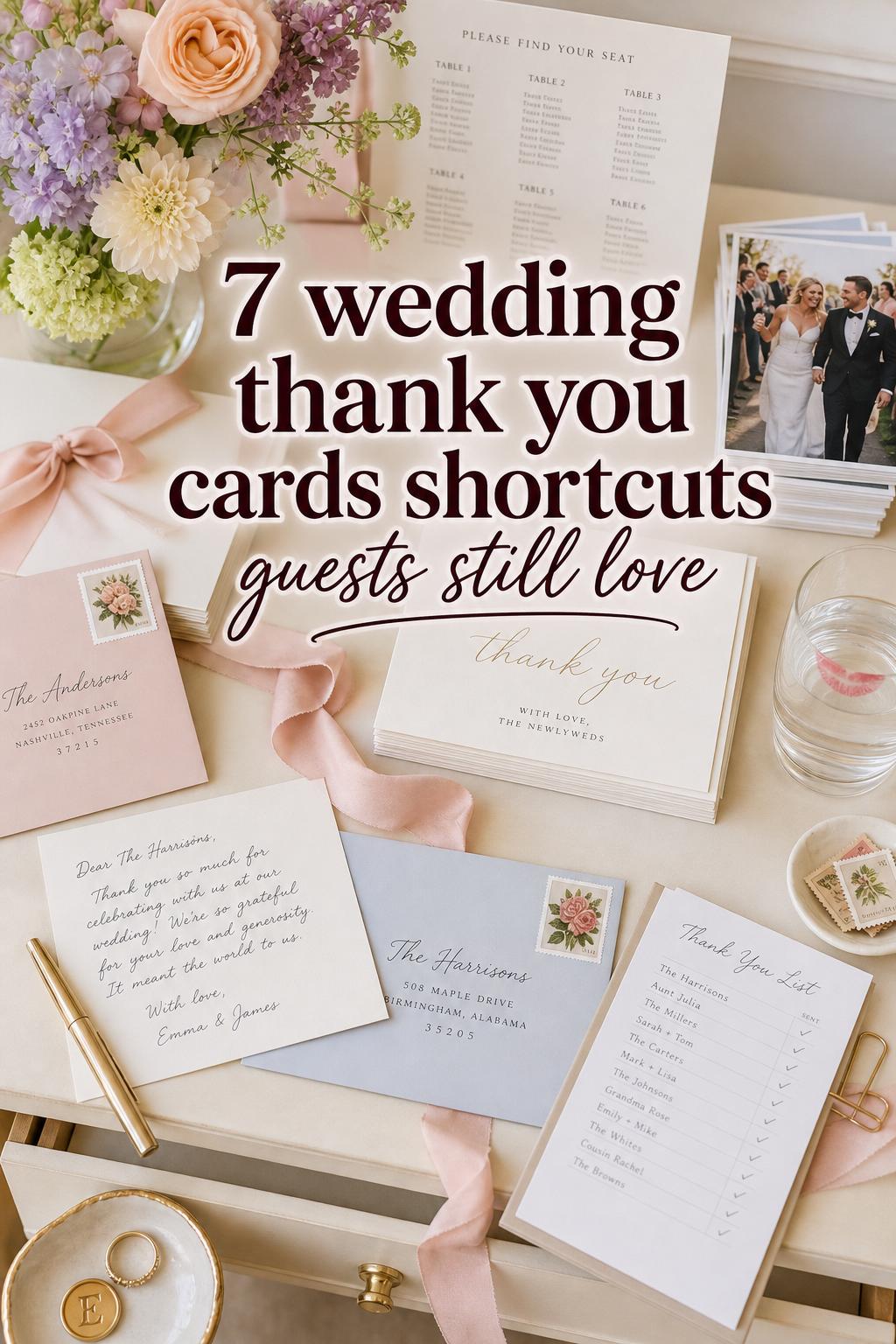 Wedding thank you cards on a cream desk with pastel stationery, envelopes, photo cards, and florals in bright daylight
