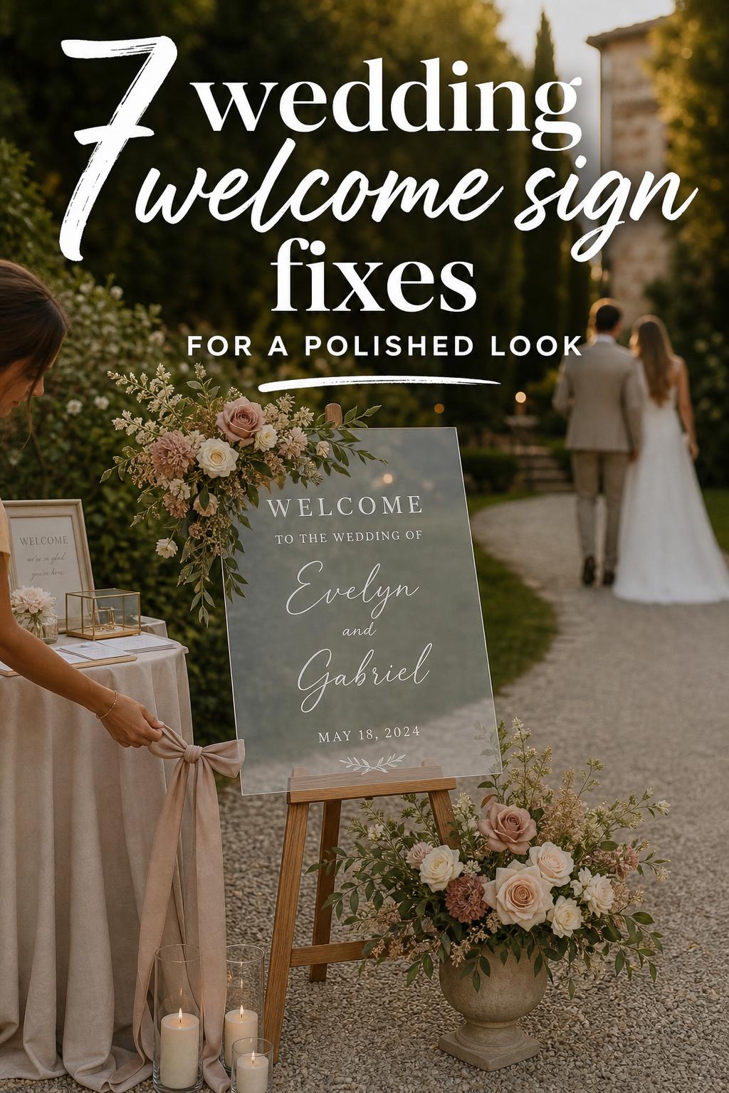 Wedding welcome sign on acrylic at golden hour garden entrance with florals, candles, and modern text overlay