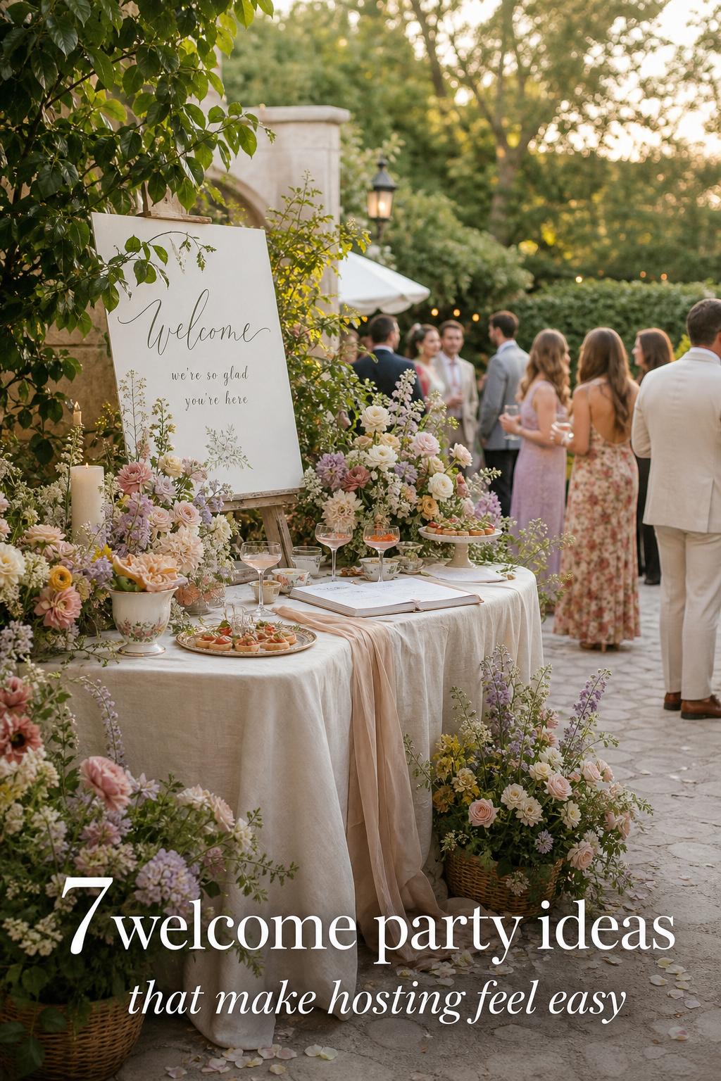 Welcome party ideas with an elegant garden wedding welcome table, handwritten signage, pastel florals, and guests at golden hour.