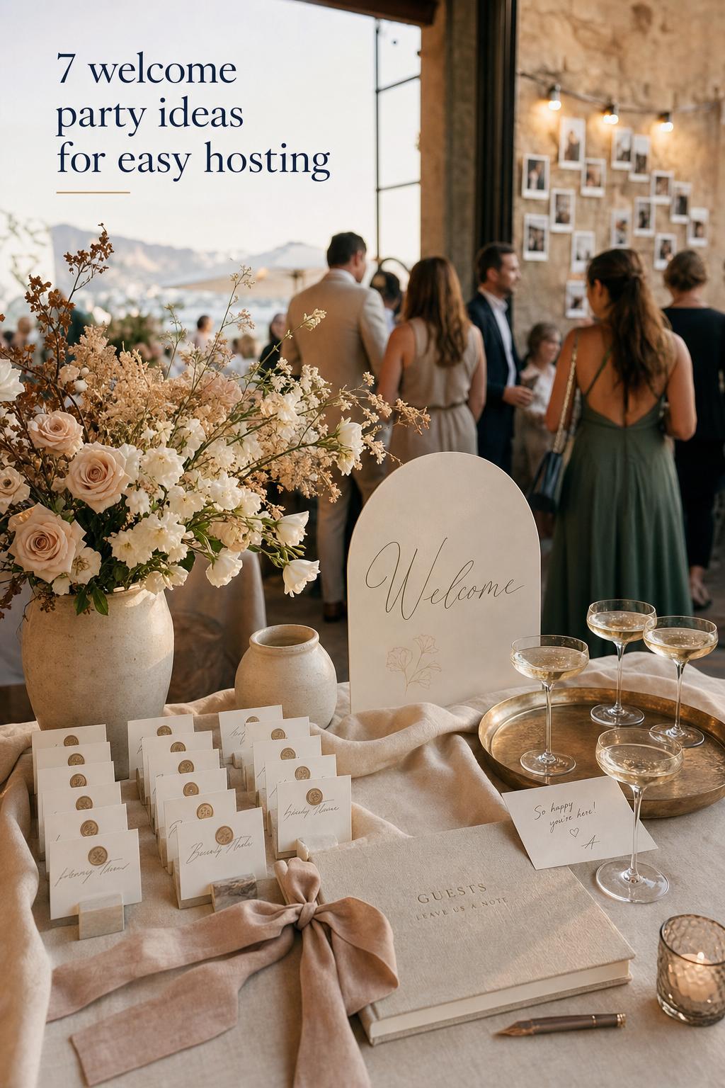 Welcome party ideas with a luxe wedding welcome table, florals, escort cards, champagne coupes, and arched Welcome sign