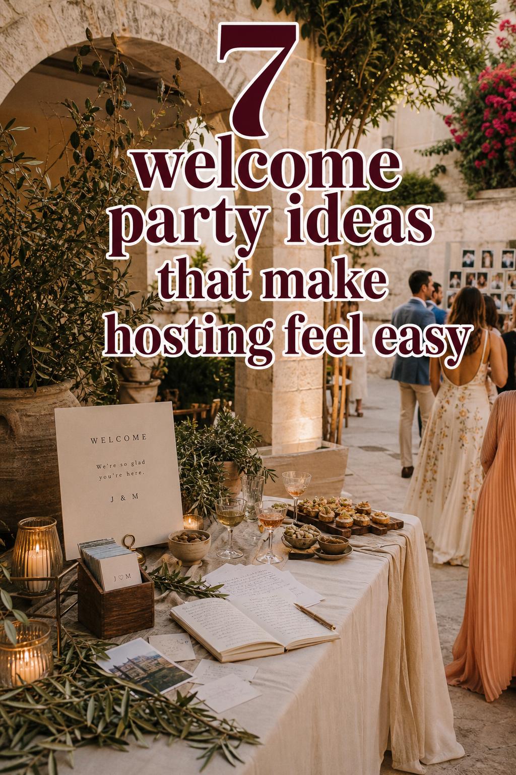 Welcome party ideas on a Mediterranean boutique hotel wedding welcome table at golden hour with guests and candlelight in courtyard