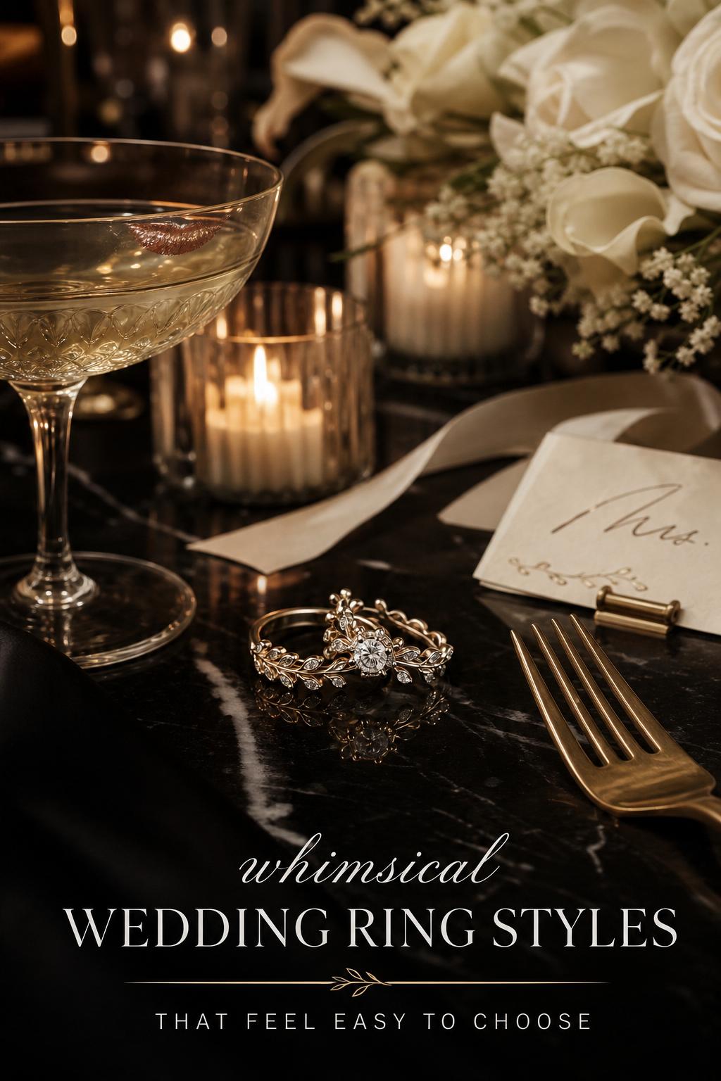 Whimsical wedding ring set on black marble table with champagne coupe, candlelight, and black tie reception details