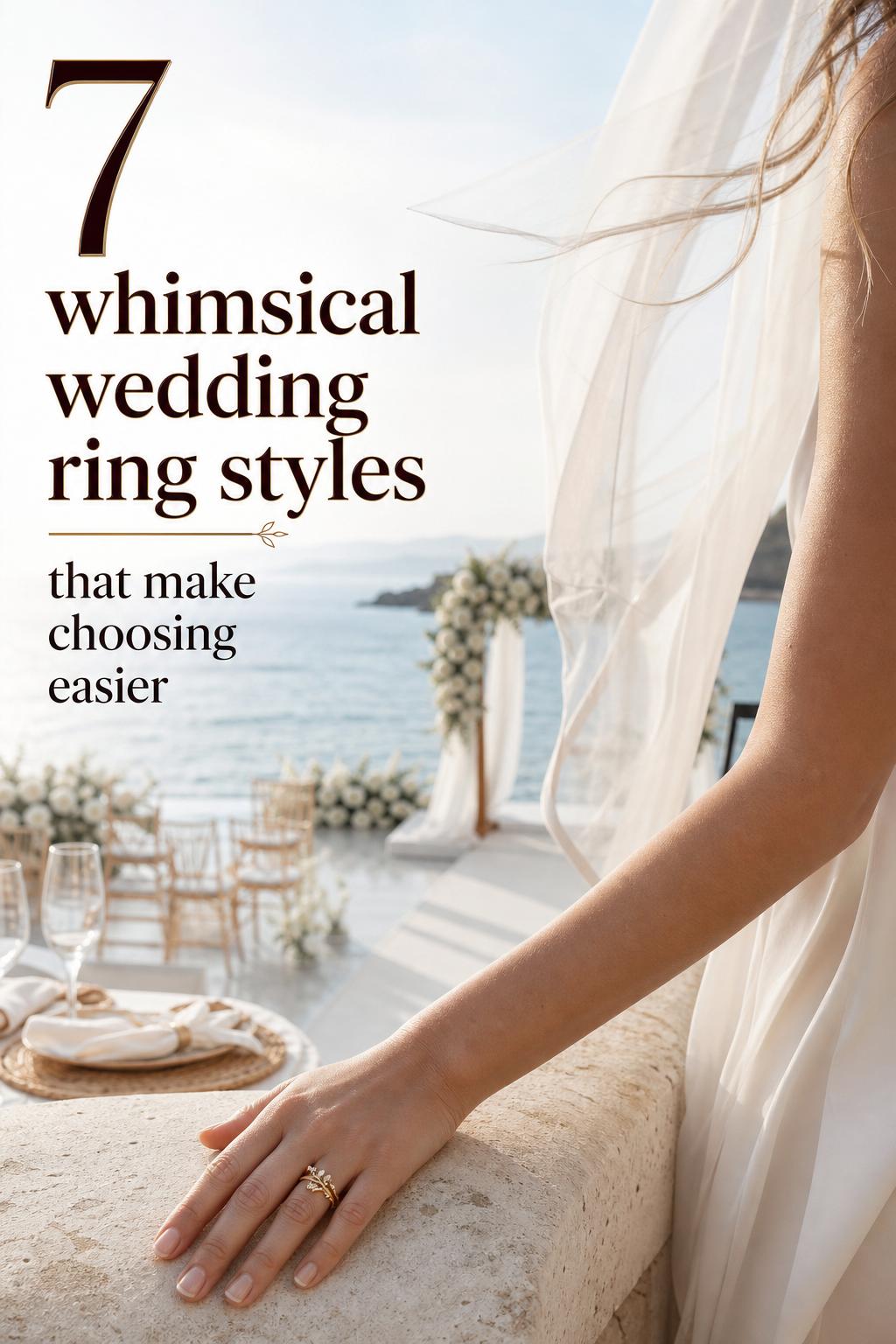 Close-up bridal hand on stone terrace wearing a whimsical wedding ring in yellow gold at a sunlit coastal resort ceremony
