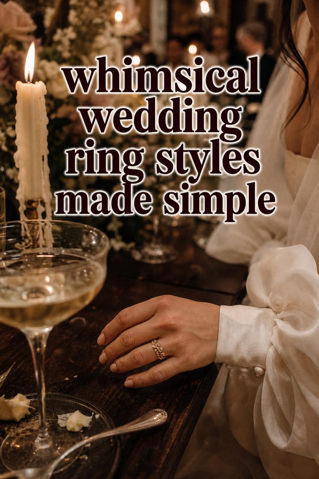 Whimsical wedding ring on bride’s hand at candlelit reception table, with champagne coupe, taper candles, and warm bokeh