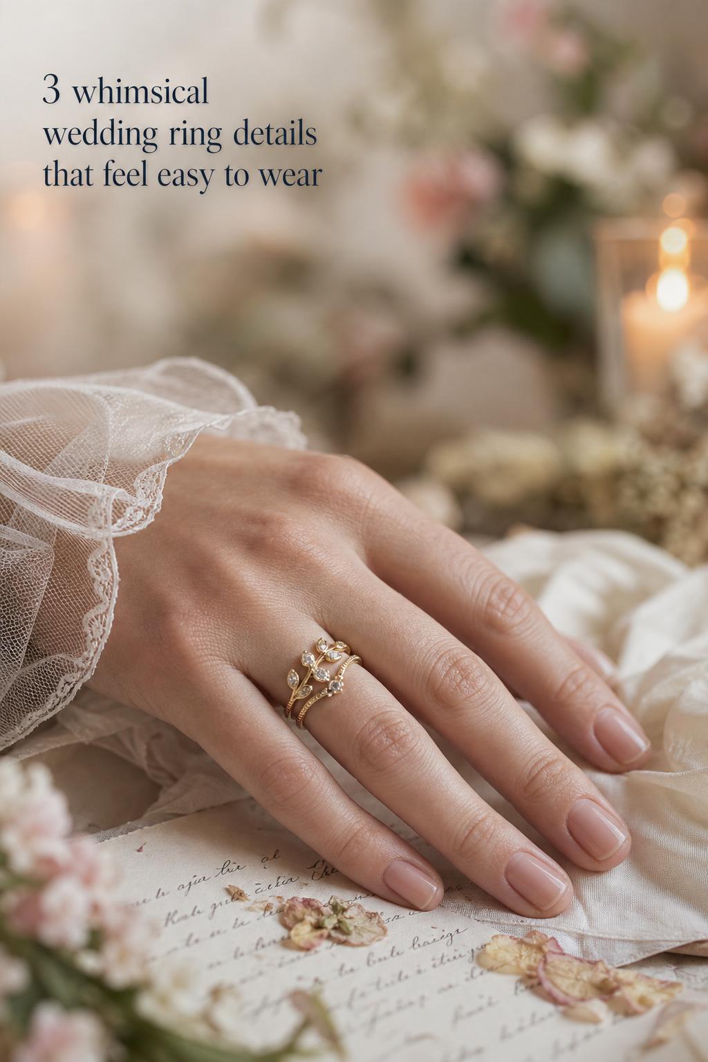 Whimsical wedding ring on bride’s hand over ivory silk and handwritten vows in soft candlelit garden editorial photo