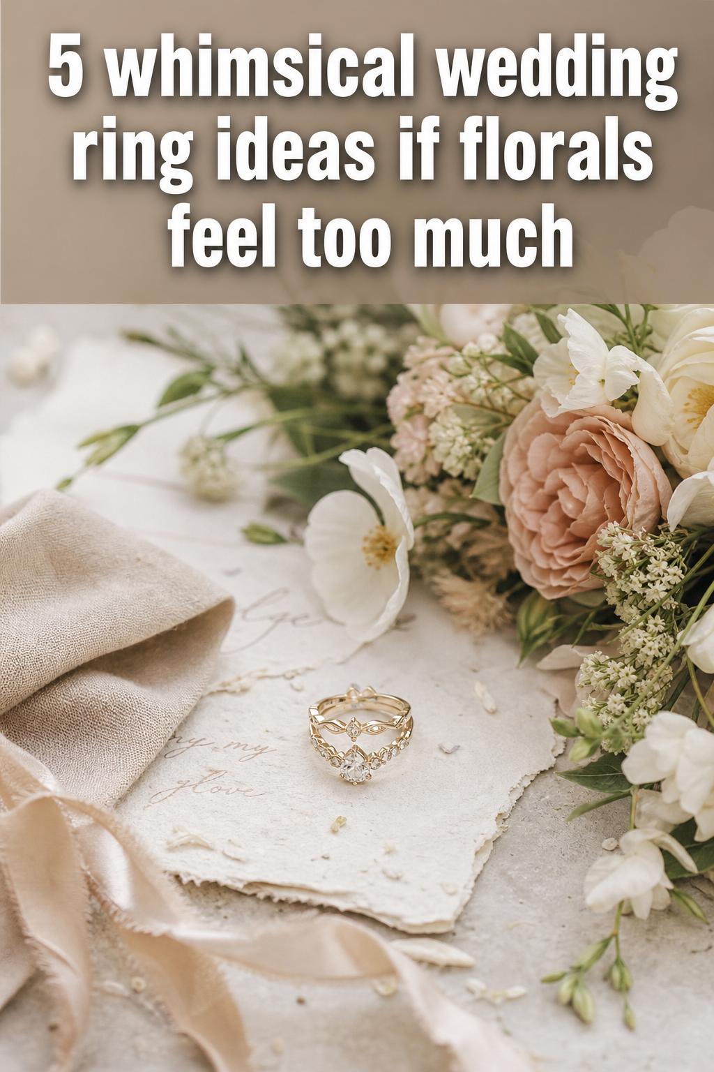 Whimsical wedding ring set photographed on a soft pastel background with delicate floral accents