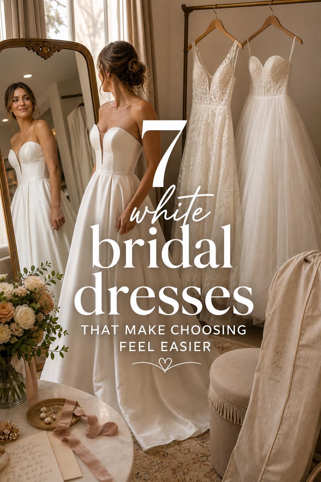 Bride in boutique fitting room choosing white bridal dresses in golden-hour light, with hanging gowns and vintage mirror