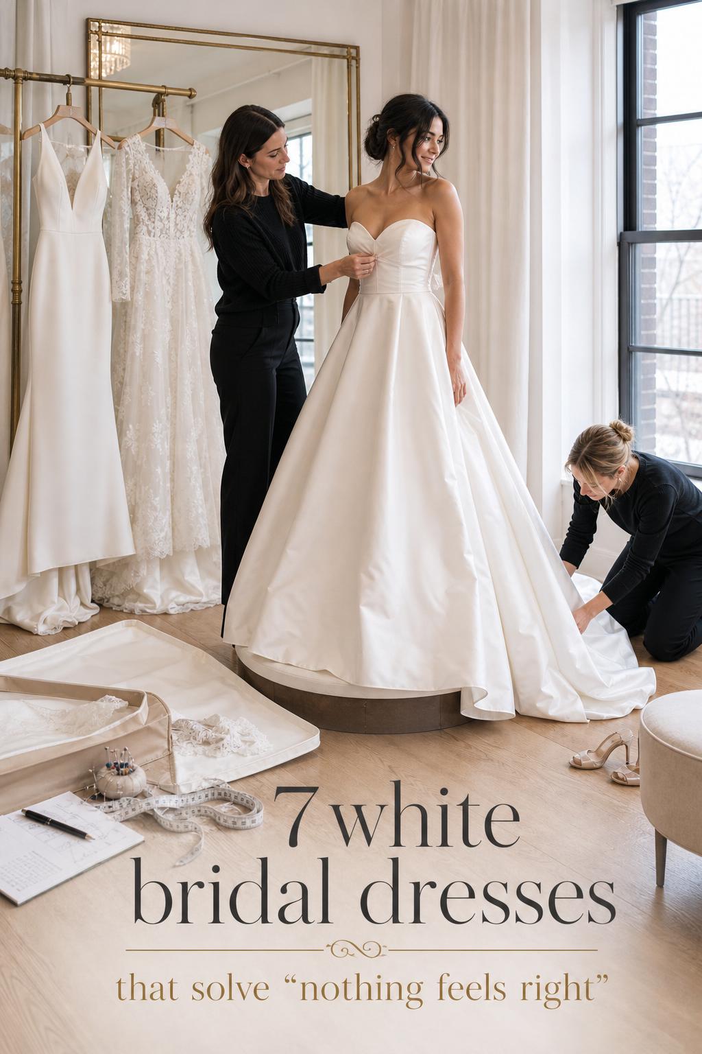 Bride in boutique fitting as seamstress hems gown, showing white bridal dresses and silhouettes in natural window light