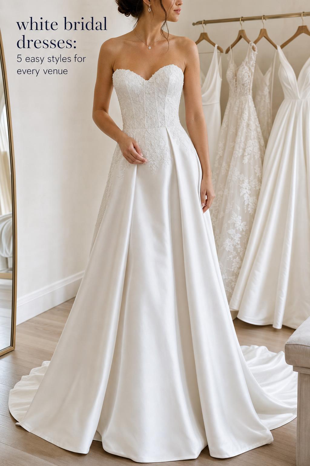 Bride trying on white bridal dresses in a modern couture boutique, with varied silhouettes hanging nearby for comparison