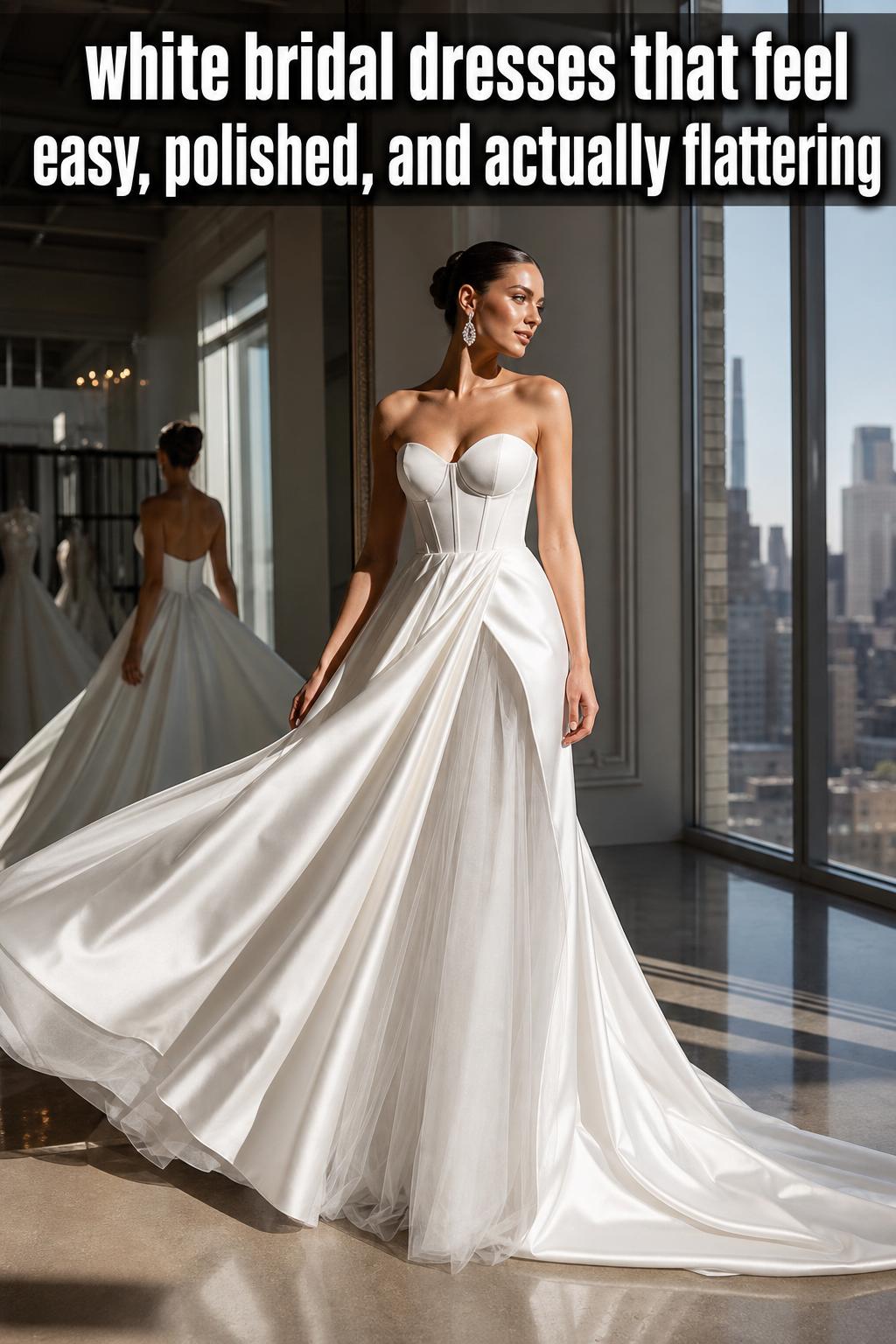 White bridal dresses displayed on elegant mannequins in a bright boutique showroom