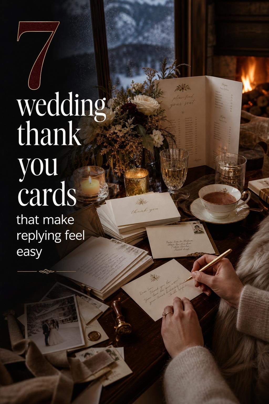 Wedding thank you cards on a luxury alpine resort desk by the fireplace, with snowy blue-hour window views and wax seals