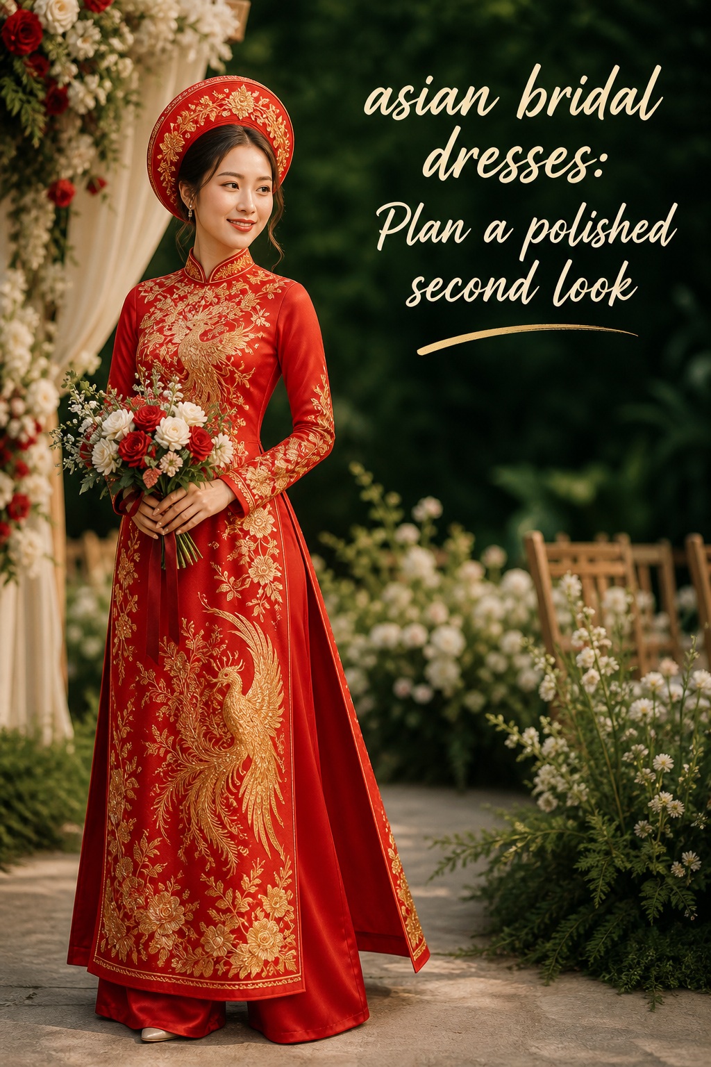 Asian bridal dresses red and gold Vietnamese ao dai wedding look