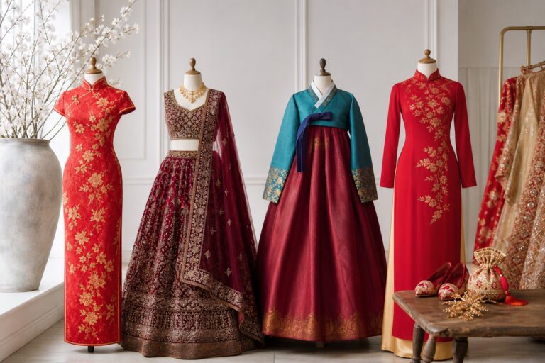 Asian bridal dresses multicultural wedding wardrobe with qipao lehenga hanbok and ao dai