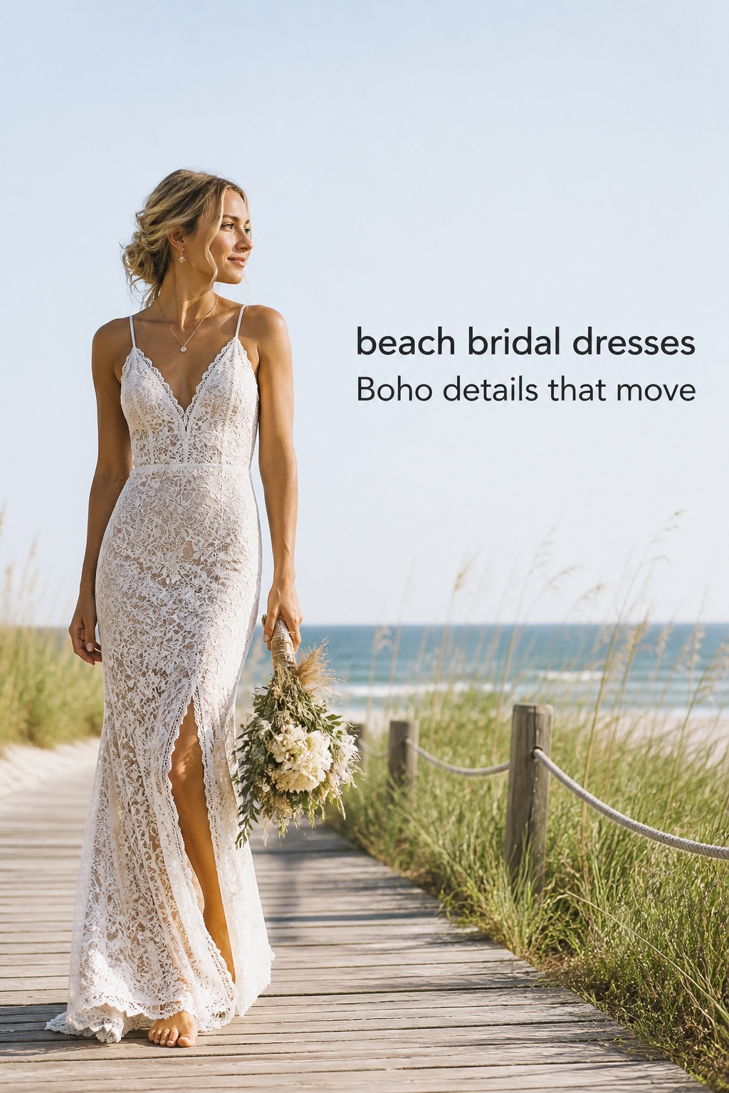 Beach bridal dresses in a lace sheath on a coastal boardwalk