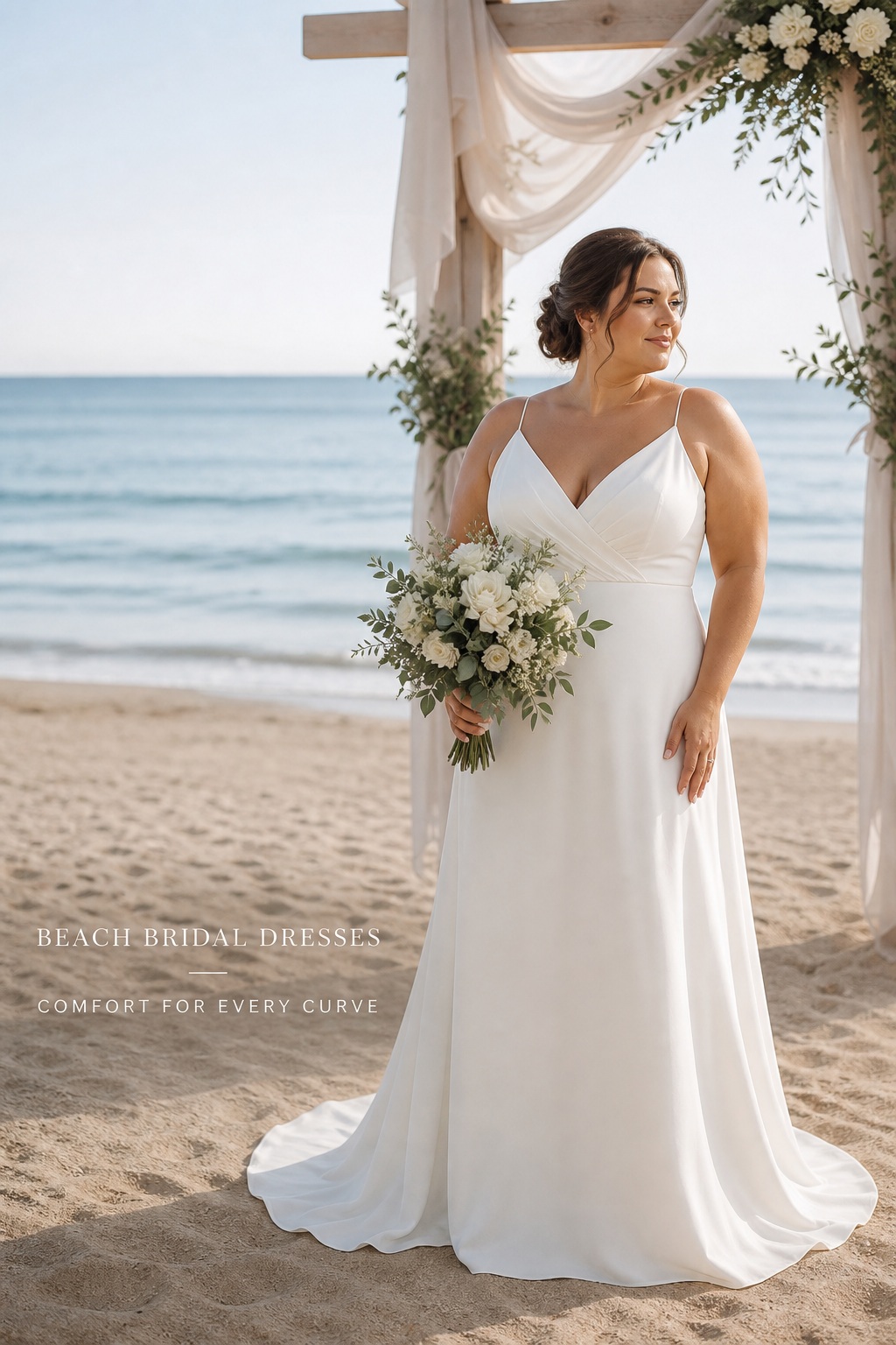 Beach bridal dresses in a crepe A-line gown by the sea
