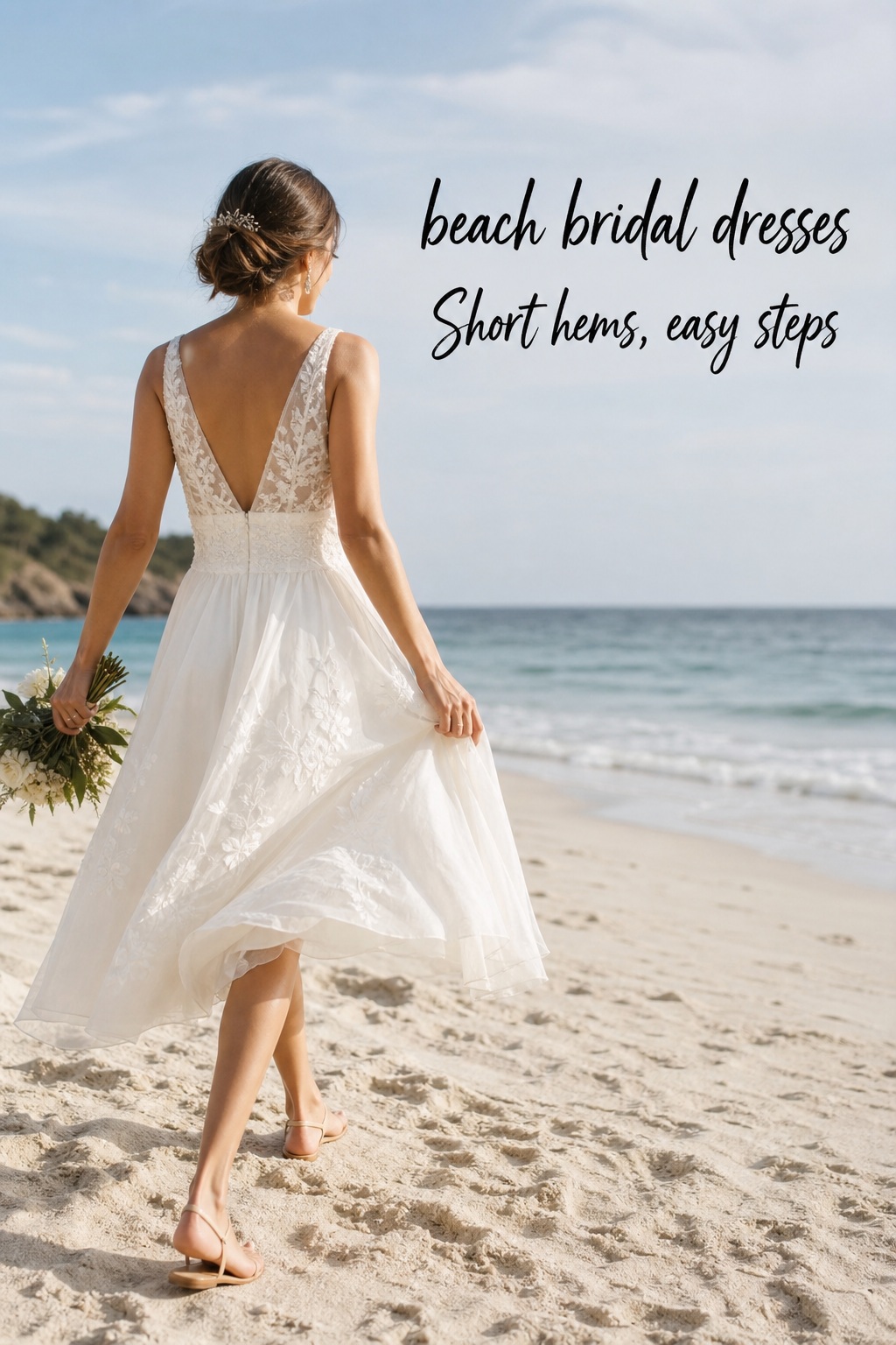 Beach bridal dresses with a short tea-length hem and sandals