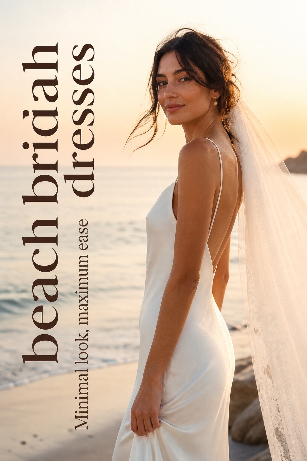 Beach bridal dresses in a minimalist silk slip with veil
