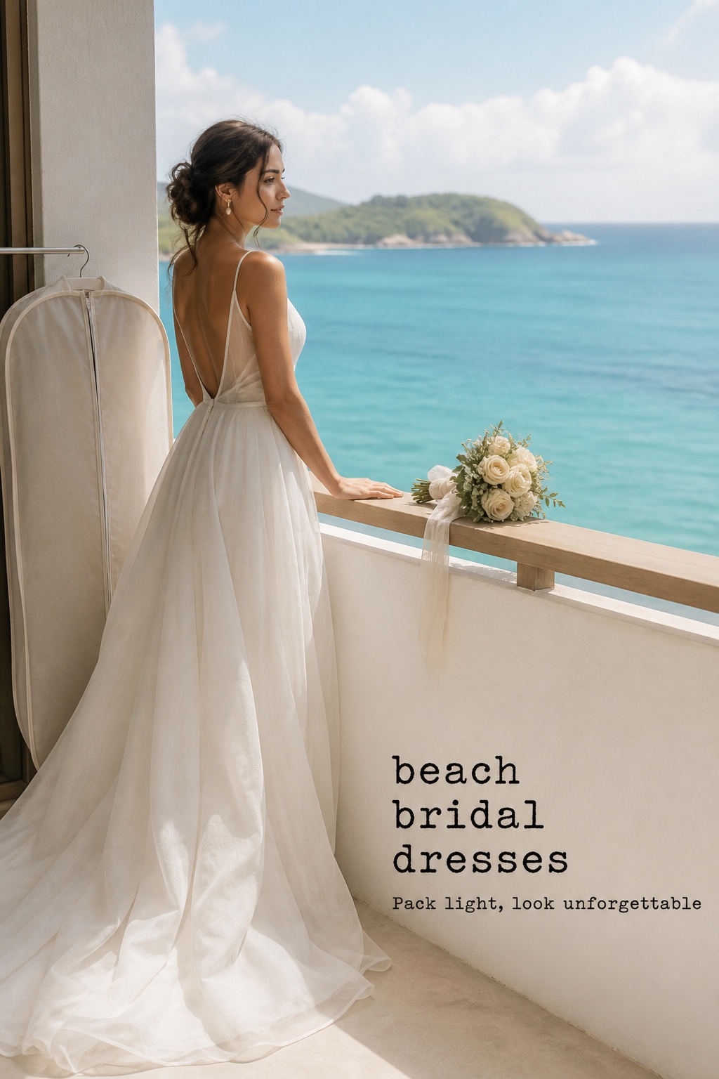 Beach bridal dresses in a travel-ready organza destination gown